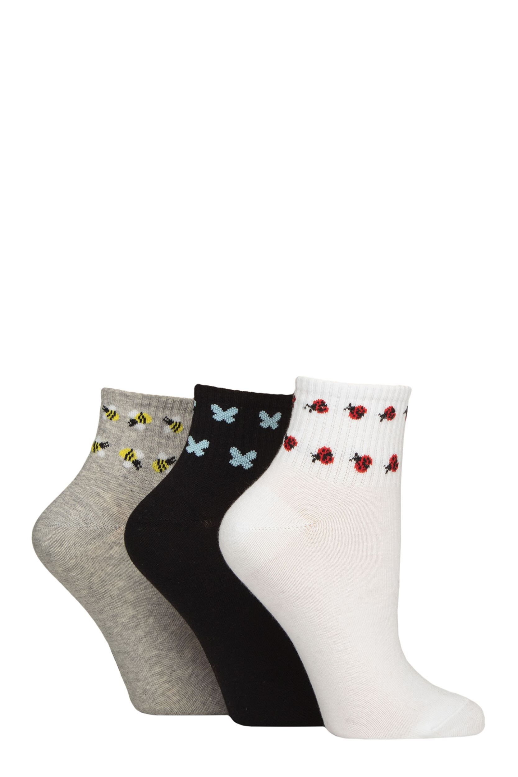 Women's 3 Pair SOCKSHOP Wildfeet Plain Mid Cut Ribbed Crew Socks Ladybird / Butterfly / Bee 4-8 Women's