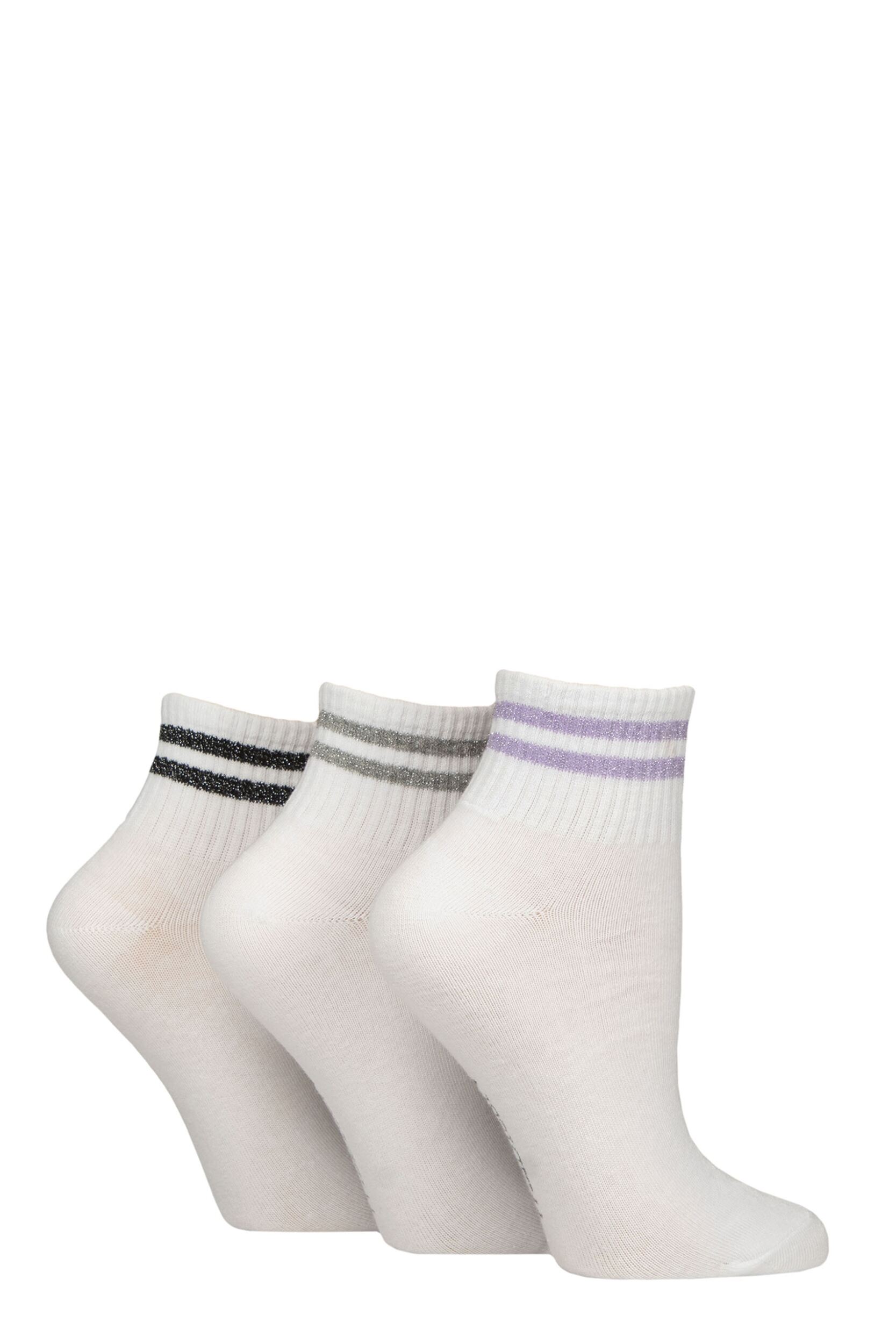 Women's 3 Pair SOCKSHOP Wildfeet Plain Mid Cut Ribbed Crew Socks White Lilac / Silver / Black Stripes 4-8 Women's