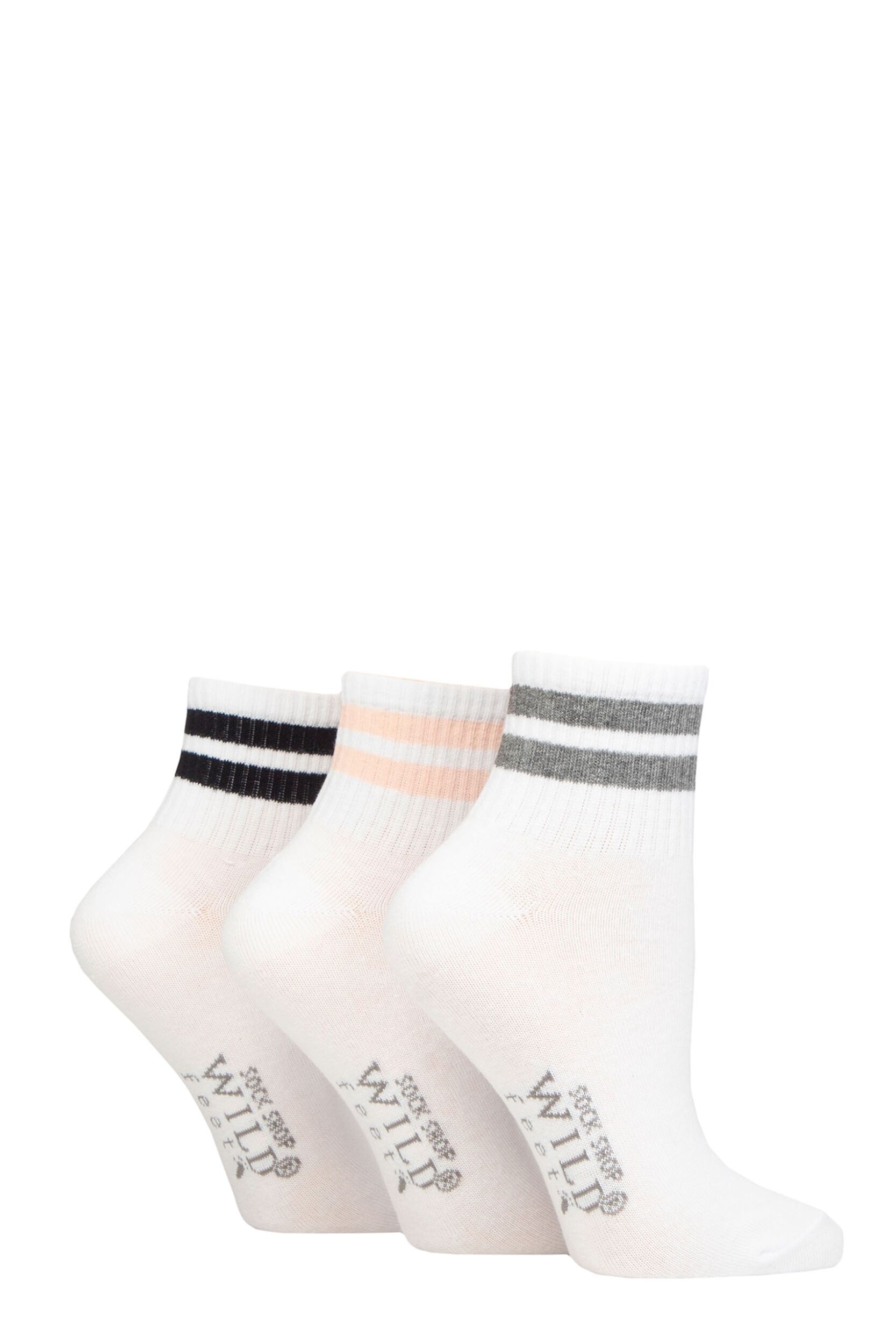 Women's 3 Pair SOCKSHOP Wildfeet Plain Mid Cut Ribbed Crew Socks White Grey / Pink / Navy 4-8 UK