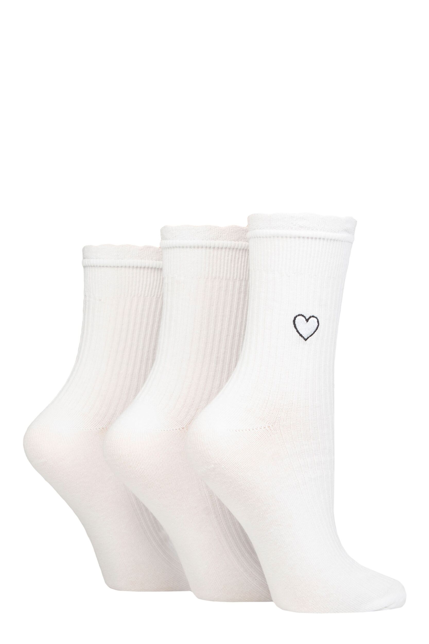 Women's 3 Pair SOCKSHOP Wildfeet Mid Length Frill Top Embroidered Socks White Heart 4-8 UK