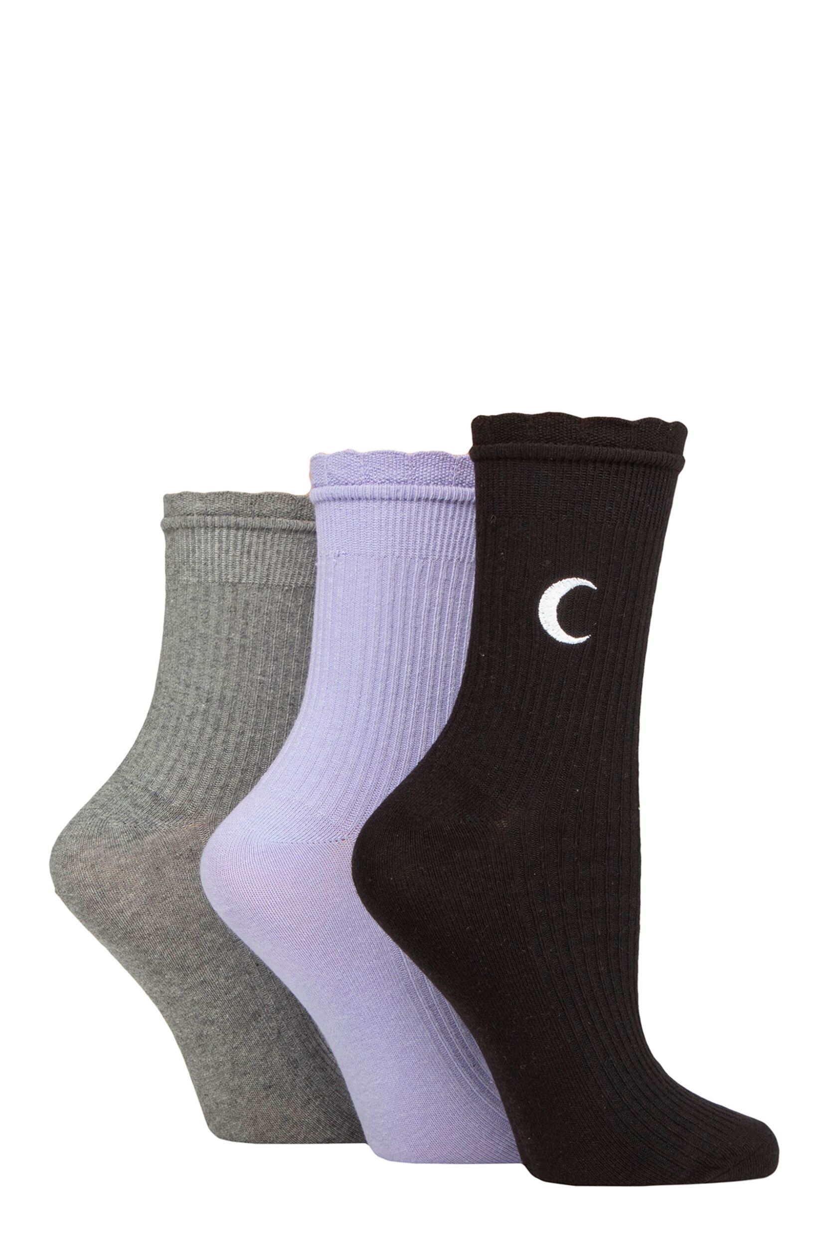 Women's 3 Pair SOCKSHOP Wildfeet Mid Length Frill Top Embroidered Socks Black / Lilac / Charcoal Moon 4-8 UK