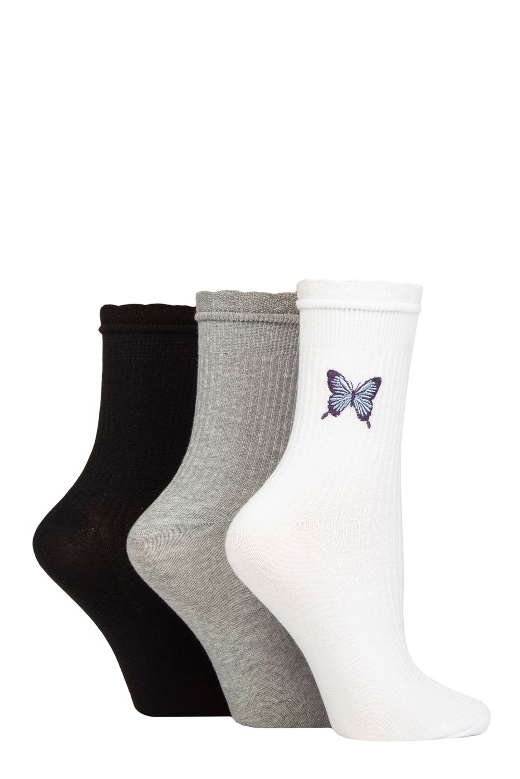 Women's 3 Pair SOCKSHOP Wildfeet Mid Length Frill Top Embroidered Socks Butterfly 4-8