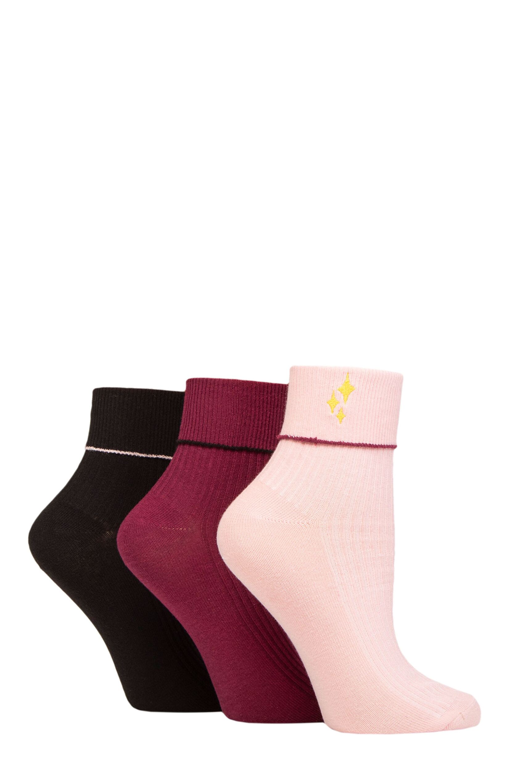 Image of Women's 3 Pair SOCKSHOP Wildfeet Turn Over Top Socks Sparkle 4-8 Ladies