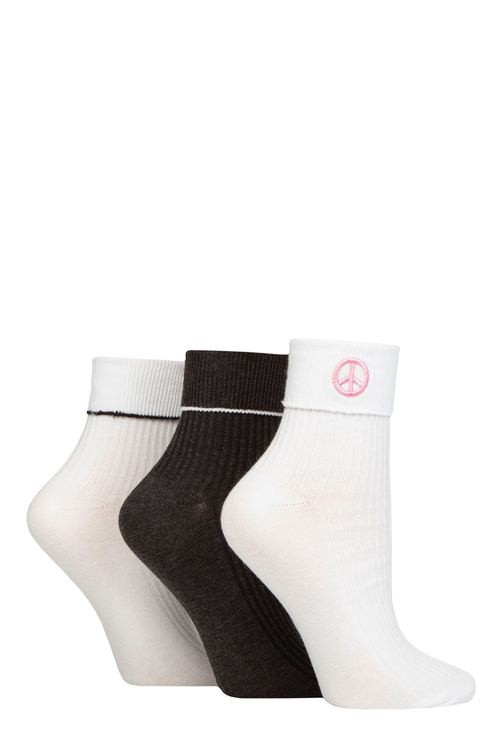 Women's 3 Pair SOCKSHOP Wildfeet Turn Over Top Socks Peace 4-8