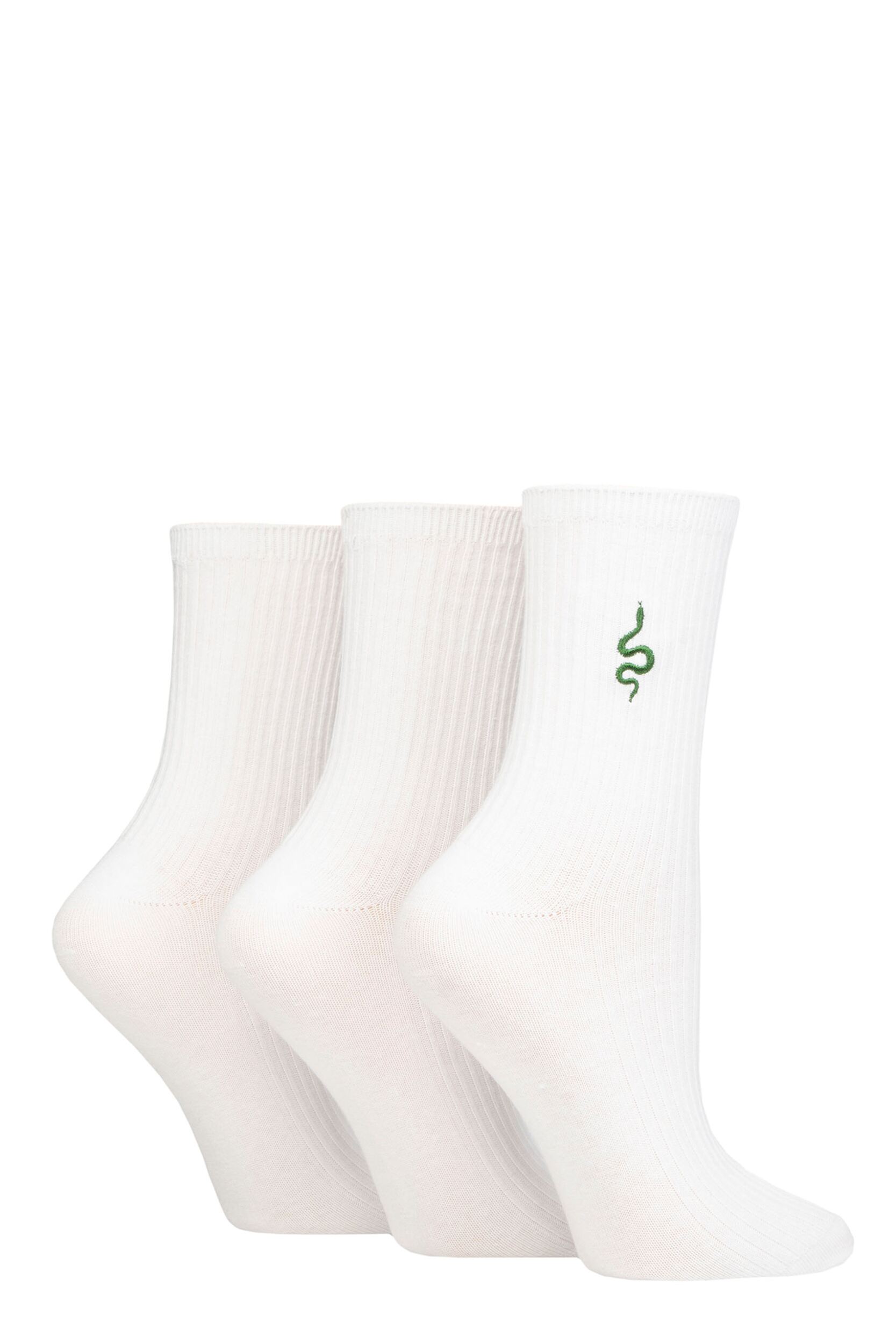Women's 3 Pair SOCKSHOP Wildfeet Embroidered Ribbed Socks White Snake 4-8 UK