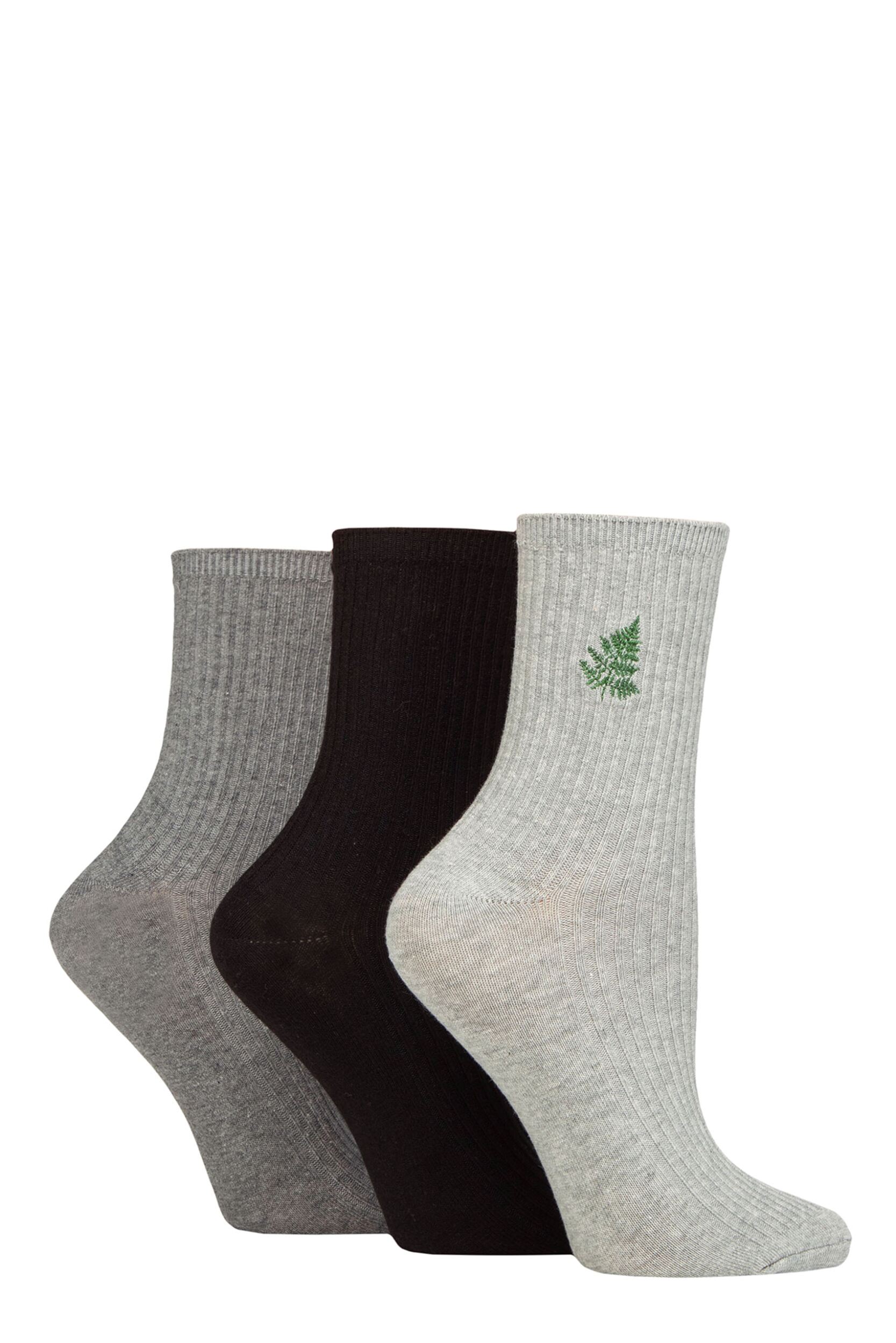 Women's 3 Pair SOCKSHOP Wildfeet Embroidered Ribbed Socks Grey / Black / Charcoal Leaf 4-8 UK