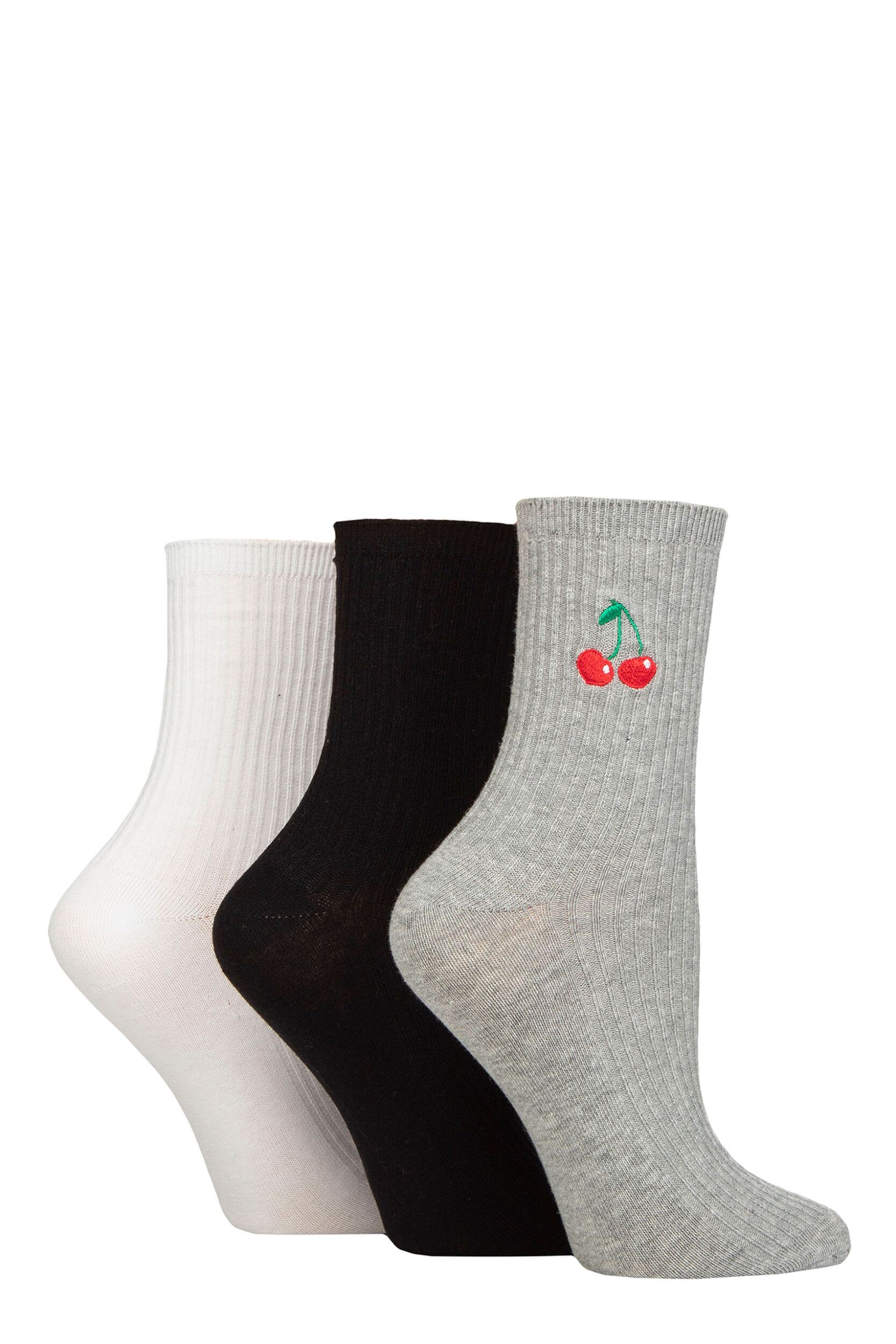 Women's 3 Pair SOCKSHOP Wildfeet Embroidered Ribbed Socks Black / White / Grey Cherry  4-8