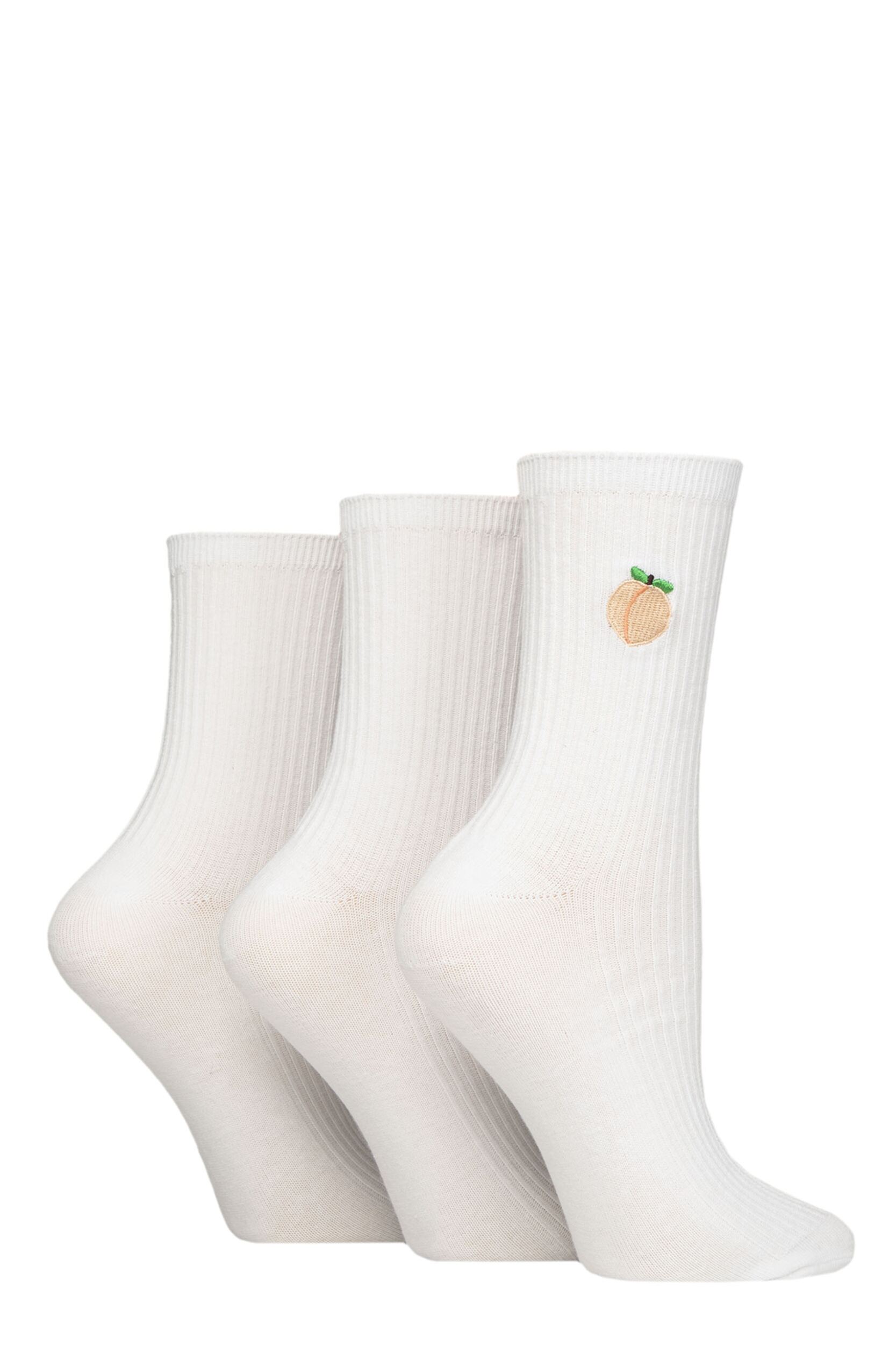 Women's 3 Pair SOCKSHOP Wildfeet Embroidered Ribbed Socks White Peaches 4-8