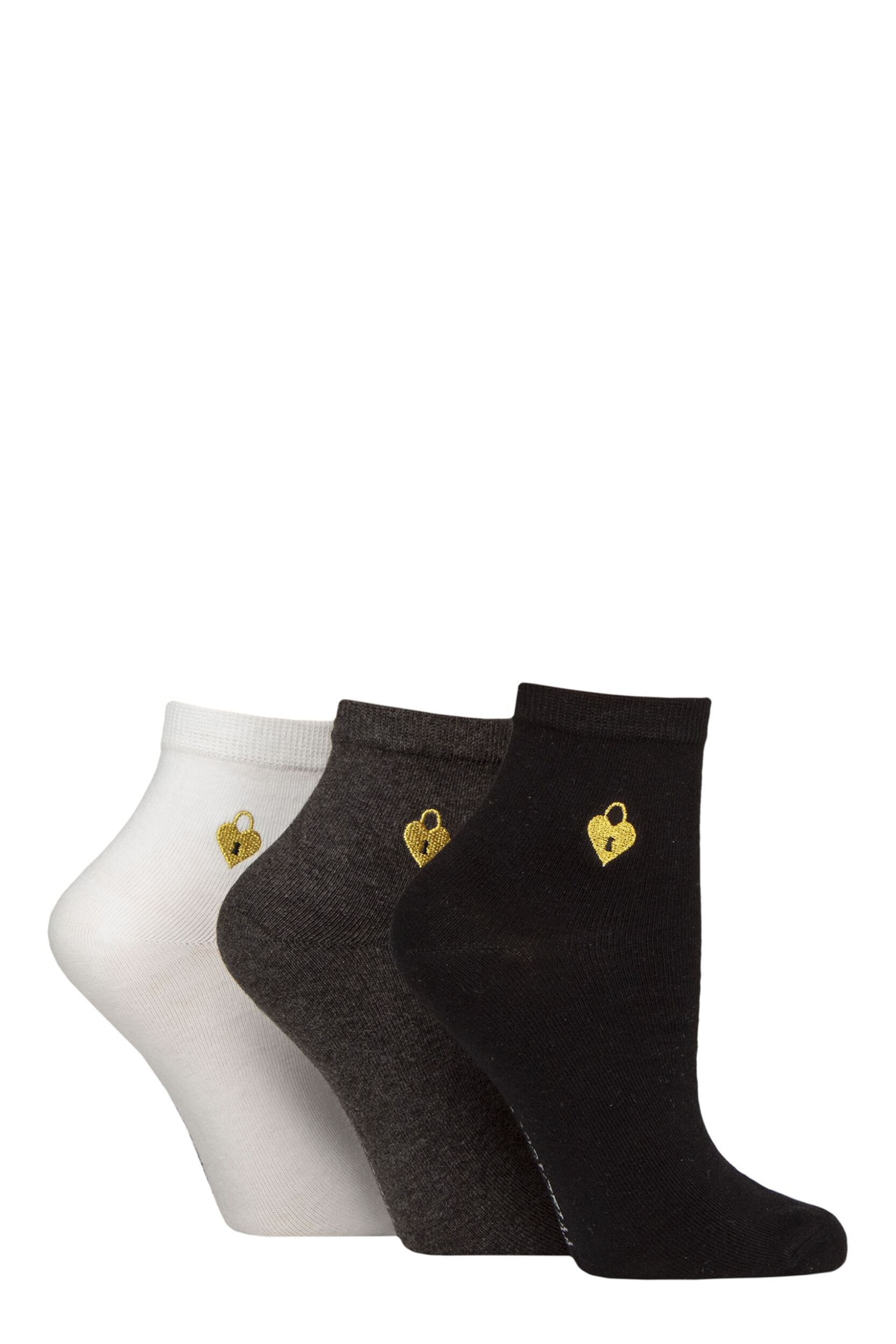 Women's 3 Pair SOCKSHOP Wildfeet Cotton Embroidered Crew Socks Heart Shaped Lock 4-8 Women's