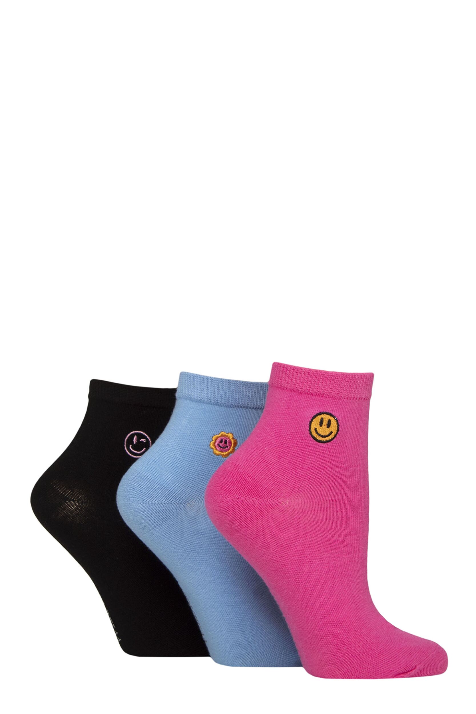 Women's 3 Pair SOCKSHOP Wildfeet Cotton Embroidered Crew Socks Smiley 4-8 Women's