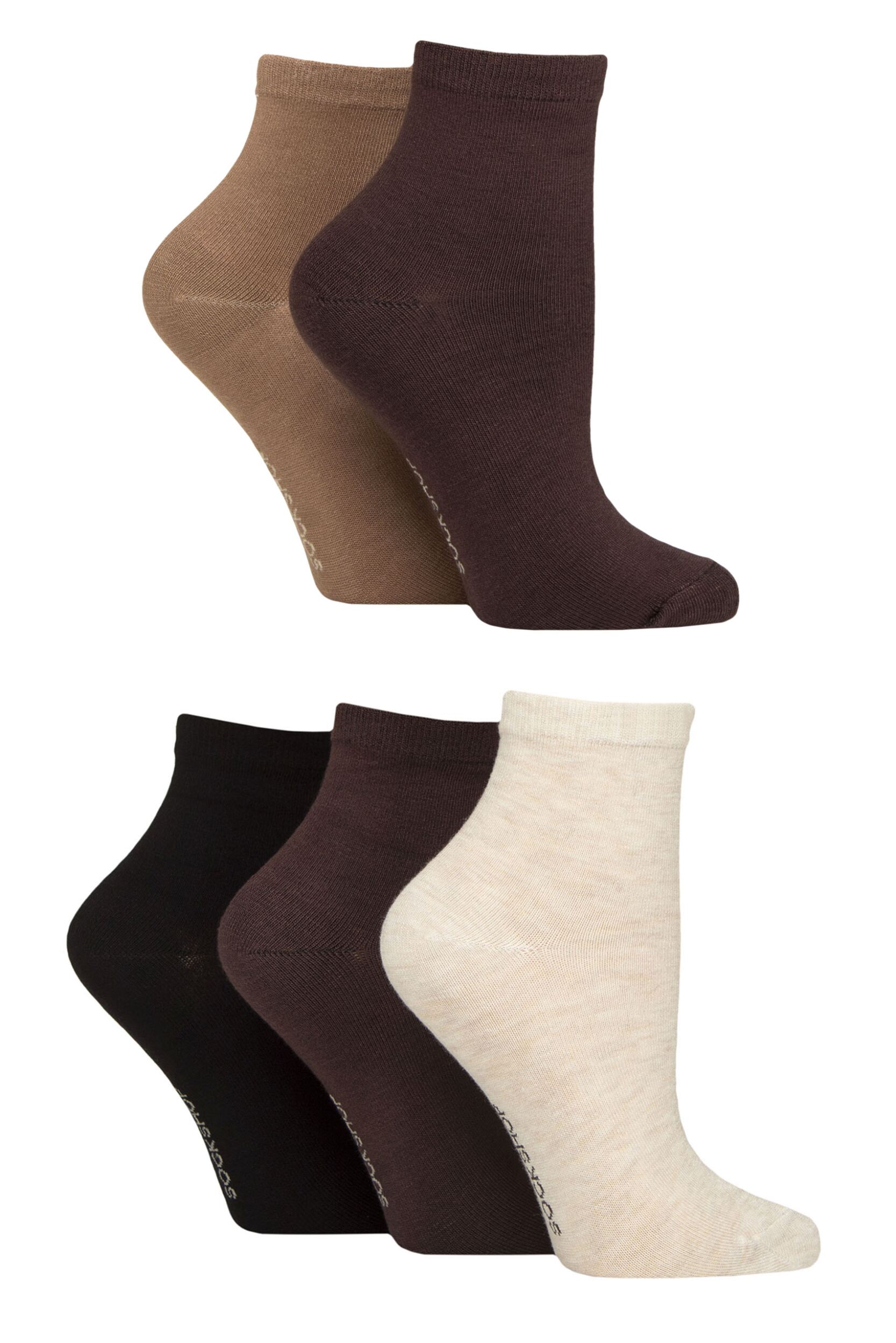 Women's 5 Pair SOCKSHOP Plain and Patterned Bamboo Anklet Socks Plain Cocoa 4-8