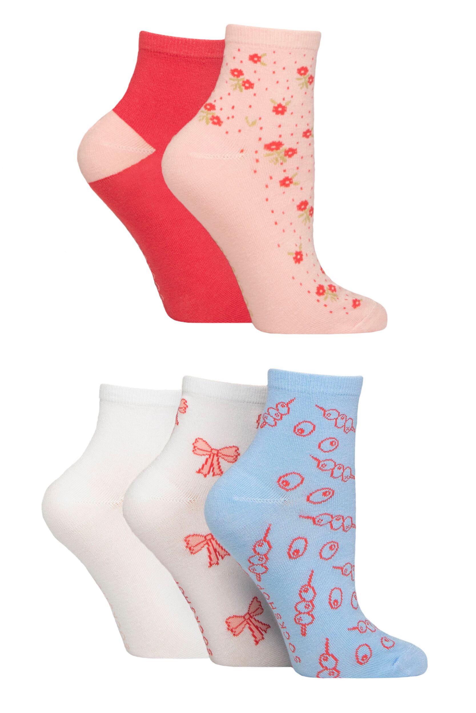 Women's 5 Pair SOCKSHOP Plain and Patterned Bamboo Anklet Socks Patterned Tuscan Rose 4-8