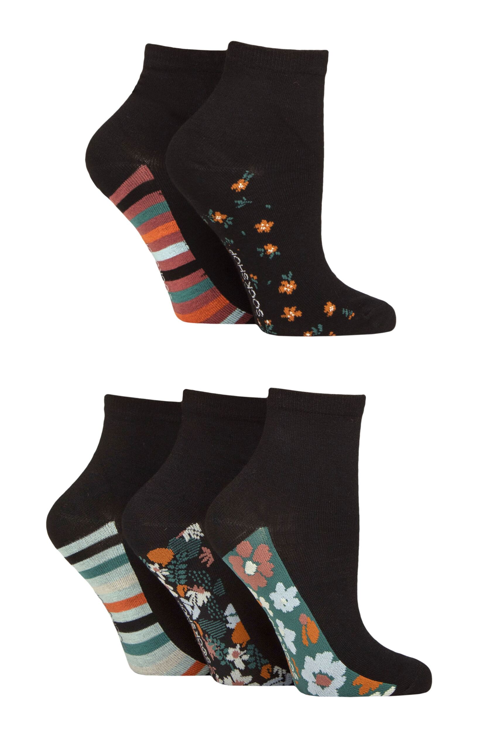 Women's 5 Pair SOCKSHOP Plain and Patterned Bamboo Anklet Socks Patterned Sole Floral 4-8