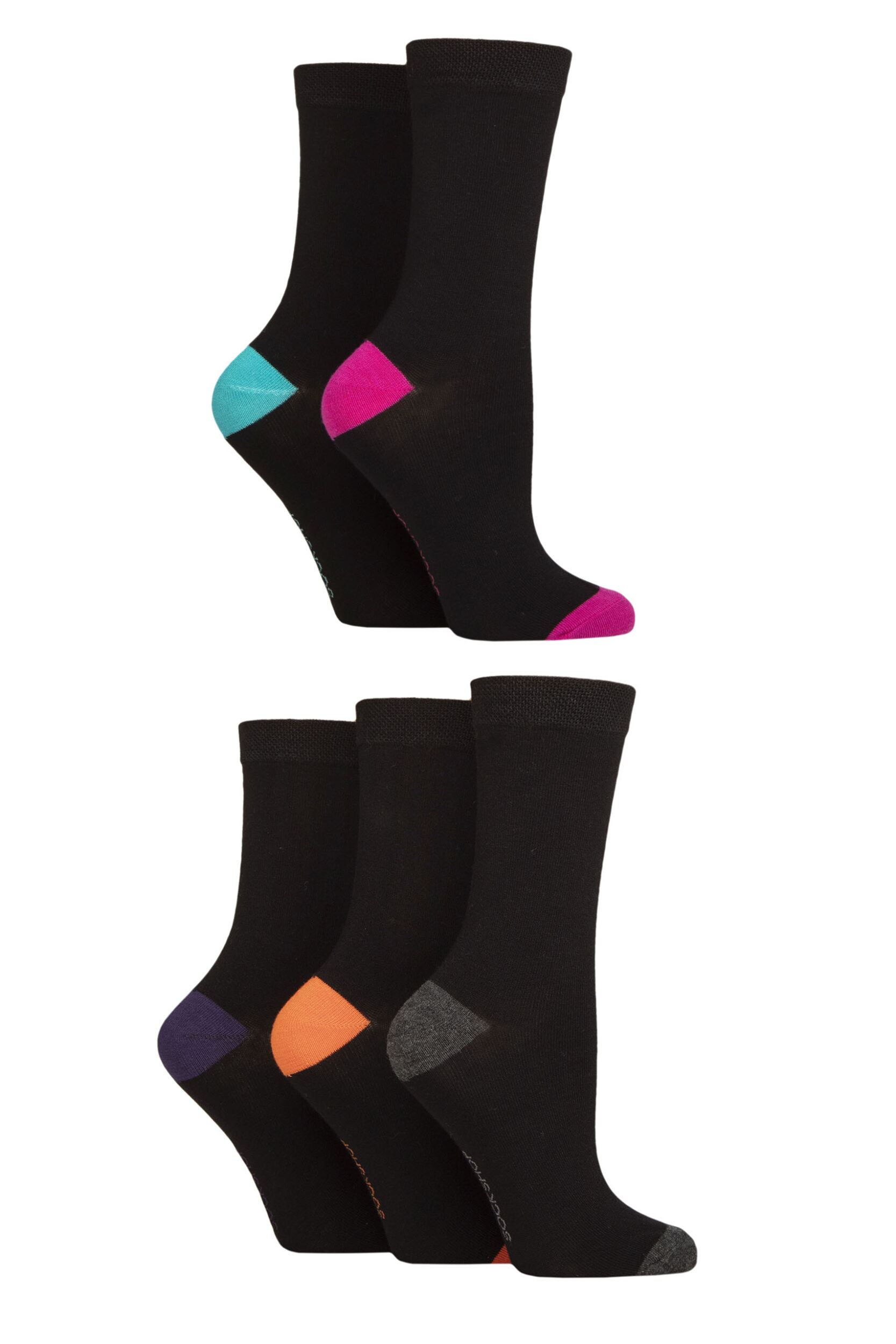 Women's 5 Pair SOCKSHOP Plain, Patterned and Striped Bamboo Socks Contrast Black Bright 4-8