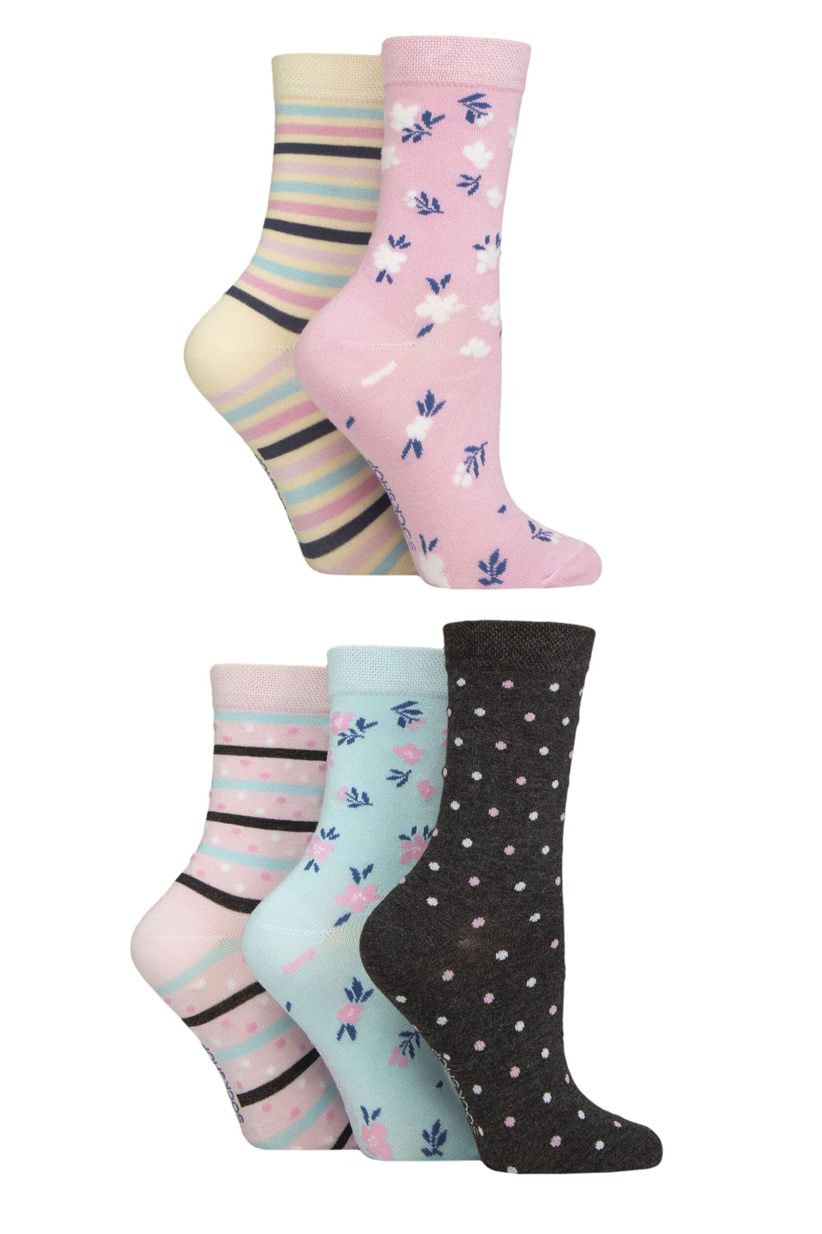 Women's 5 Pair SOCKSHOP Plain, Patterned and Striped Bamboo Socks Floral 4-8