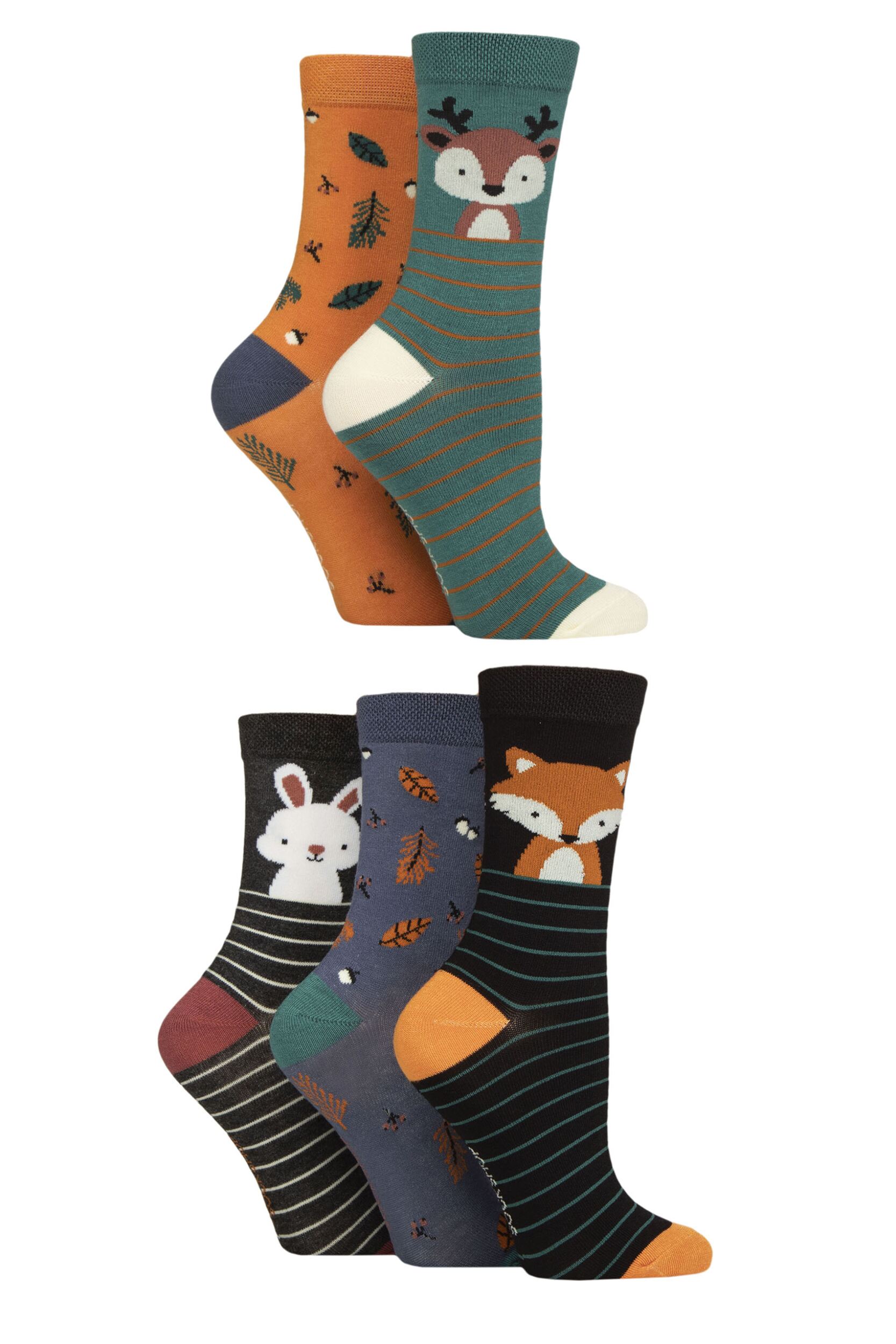 Women's 5 Pair SOCKSHOP Plain, Patterned and Striped Bamboo Socks Woodland Animals 4-8