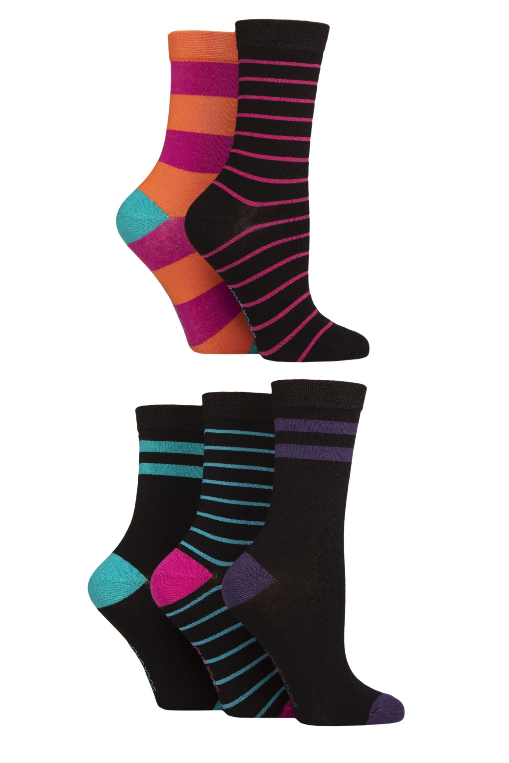 Image of Women's 5 Pair SOCKSHOP Plain, Patterned and Striped Bamboo Socks Stripe Bright 4-8