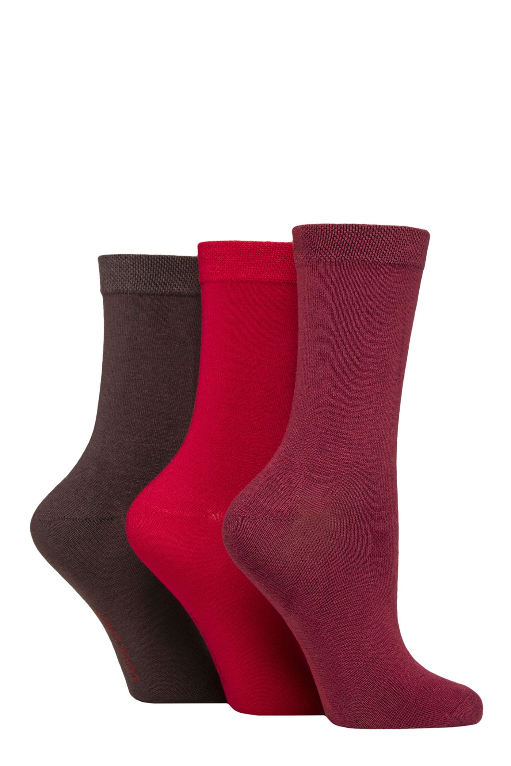 Women's 3 Pair SOCKSHOP Patterned Plain and Striped Bamboo Socks Plain Red / Burgundy / Chocolate 4-8