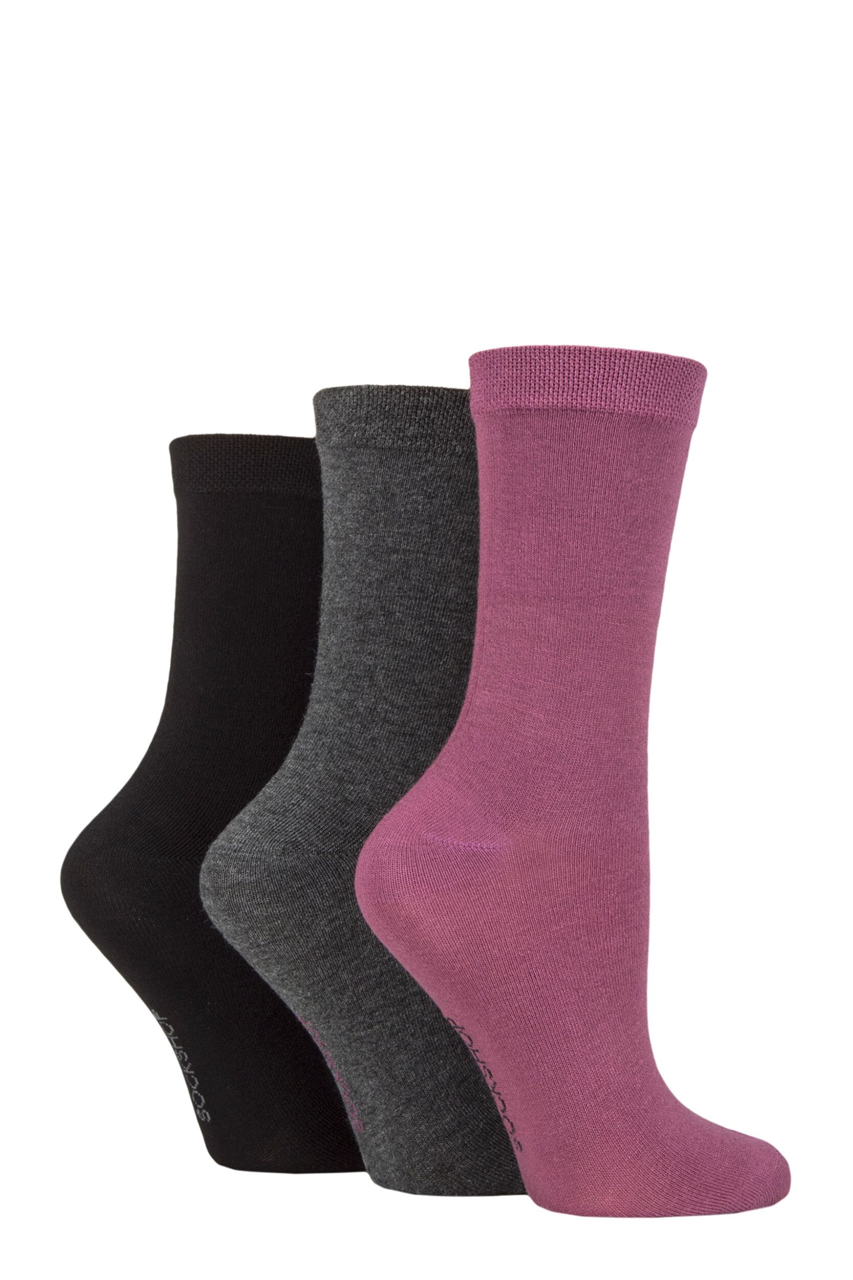 Image of Women's 3 Pair SOCKSHOP Patterned Plain and Striped Bamboo Socks Black / Grey / Damson Plain 4-8 Ladies