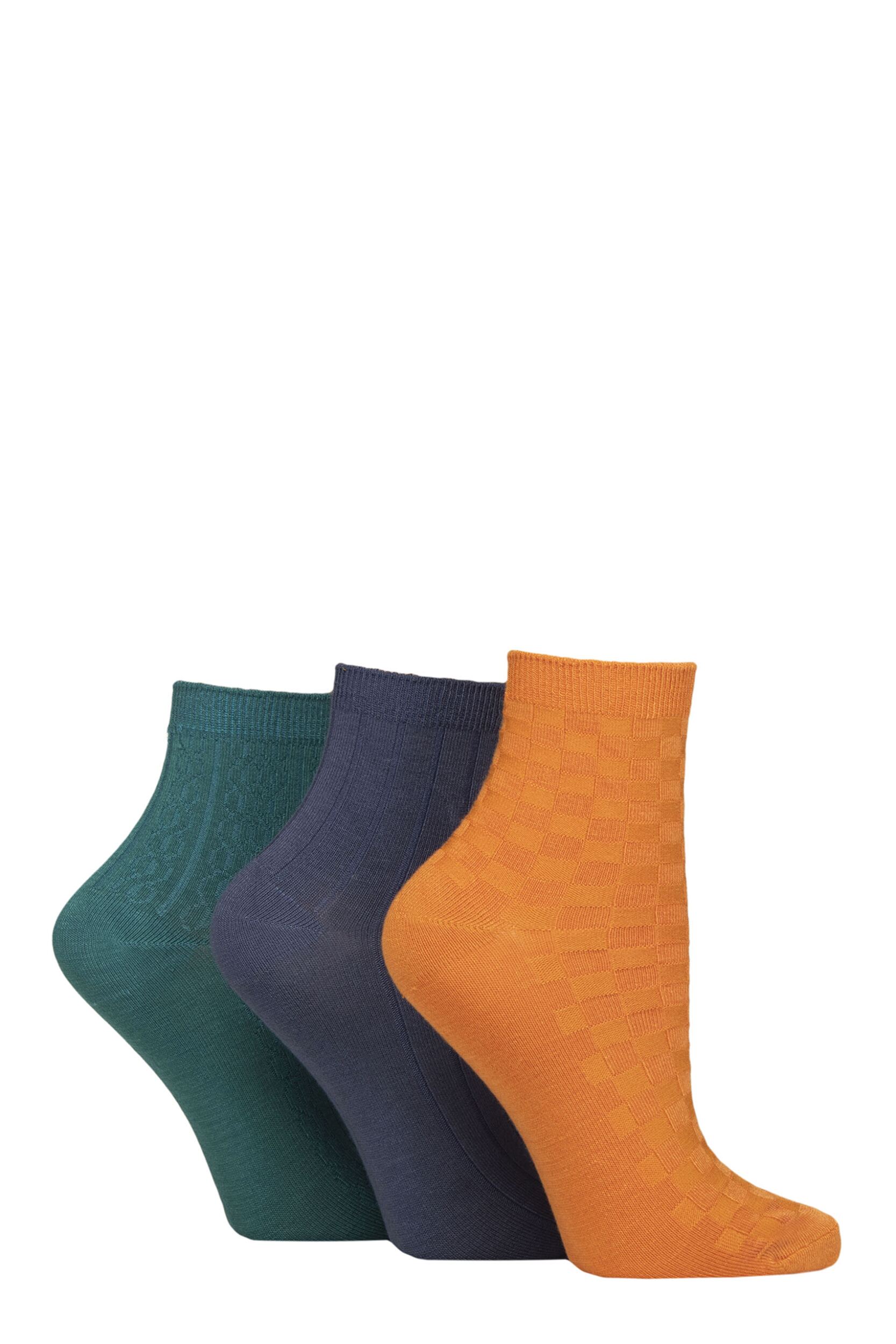 Image of Women's 3 Pair SOCKSHOP Plain and Patterned Bamboo Ankle Socks Textured Autumn 4-8