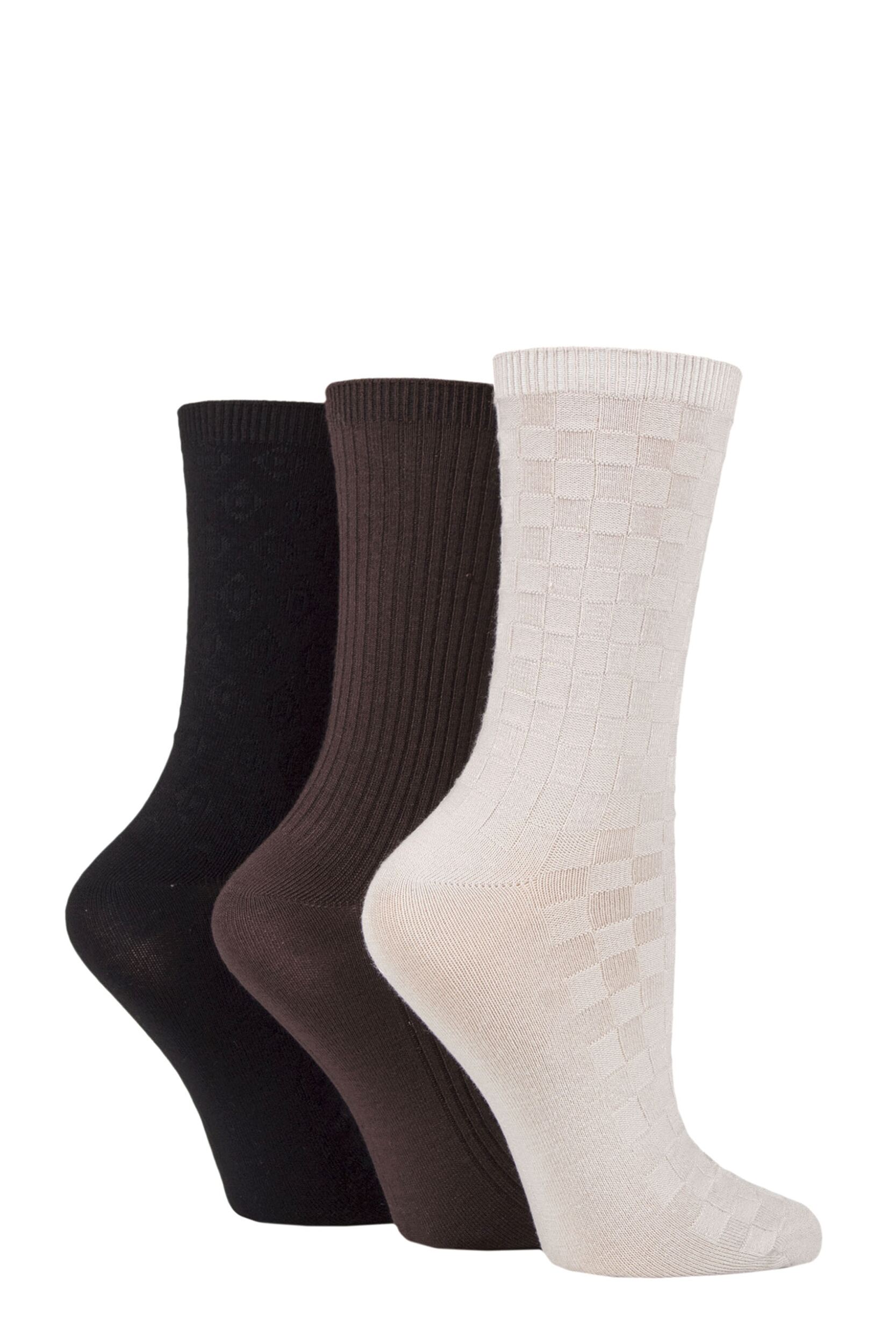 Image of Women's 3 Pair SOCKSHOP Patterned Plain and Striped Bamboo Socks Black / Cocoa / Biscuit Textured 4-8 Ladies