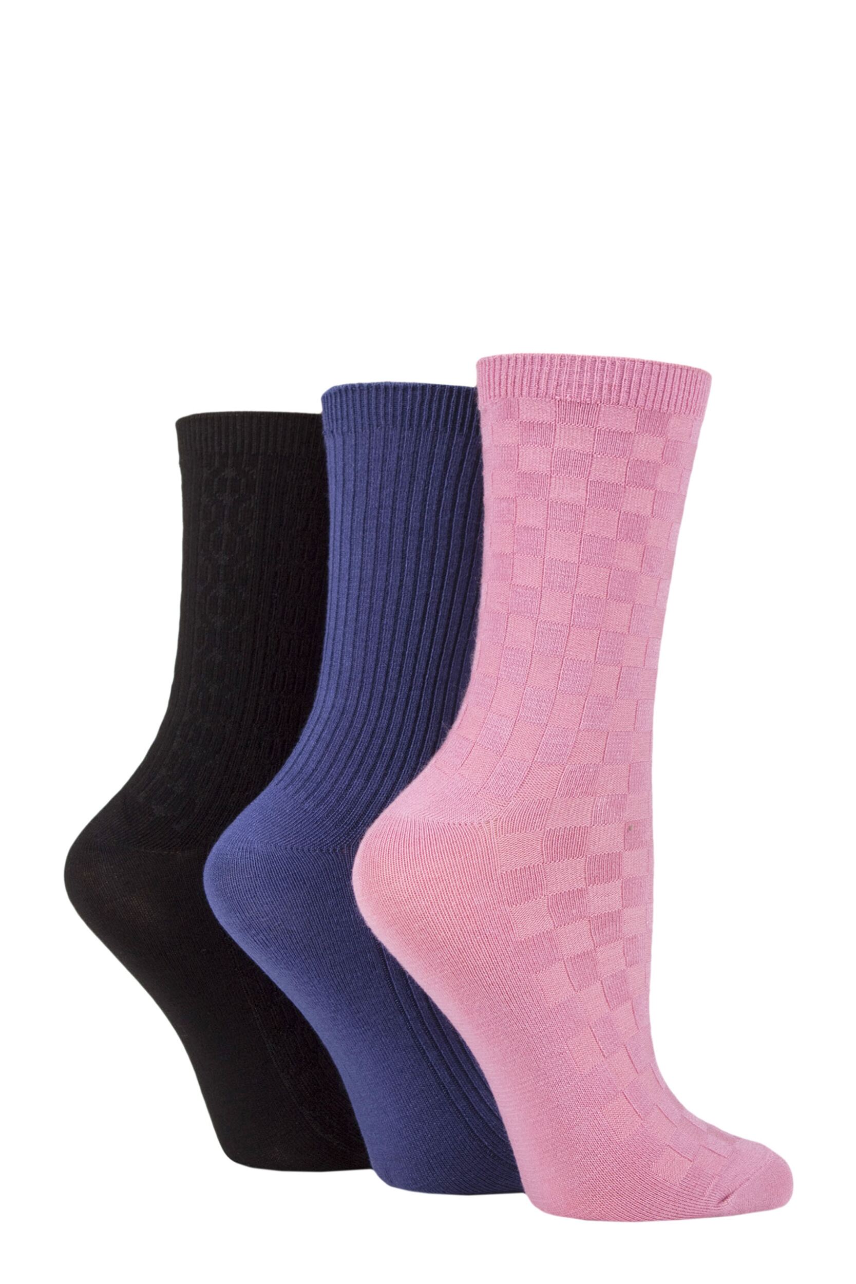 Women's 3 Pair SOCKSHOP Patterned Plain and Striped Bamboo Socks Black / Dark Denim / Dusky Pink Textured 4-8 Ladies