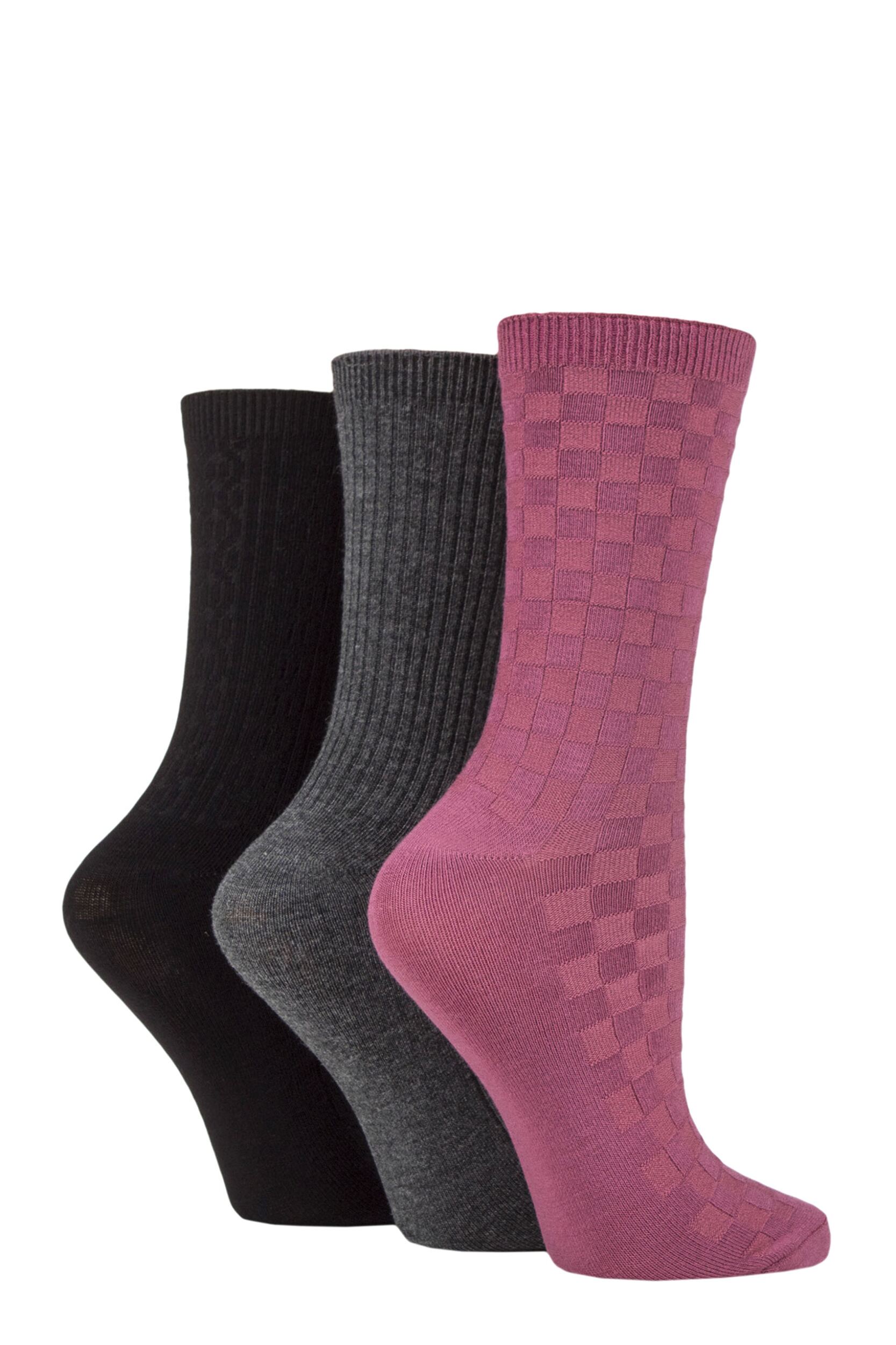 Image of Women's 3 Pair SOCKSHOP Patterned Plain and Striped Bamboo Socks Black / Grey / Damson Textured 4-8 Ladies