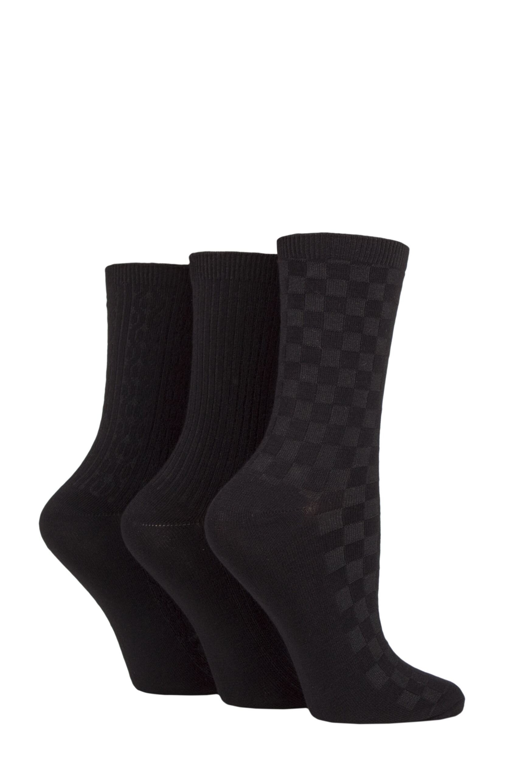 Women's 3 Pair SOCKSHOP Patterned Plain and Striped Bamboo Socks Black Textured 4-8 Ladies