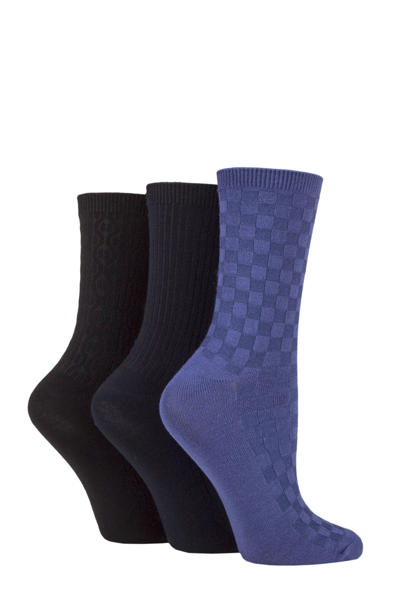 Image of Women's 3 Pair SOCKSHOP Patterned Plain and Striped Bamboo Socks Black / Navy / Denim Textured 4-8 Ladies