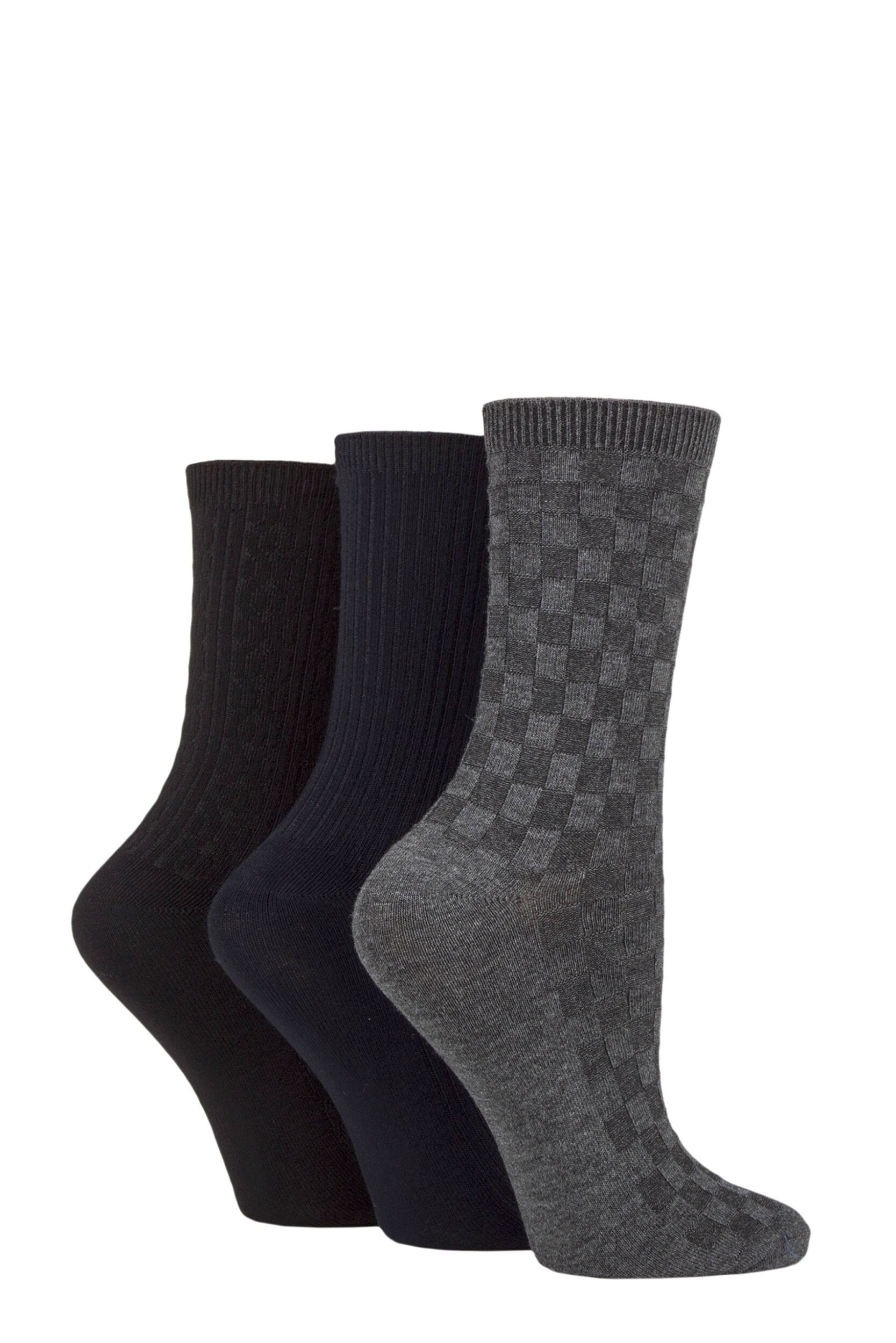 Women's 3 Pair SOCKSHOP Patterned Plain and Striped Bamboo Socks Black / Navy / Grey Textured 4-8 Ladies