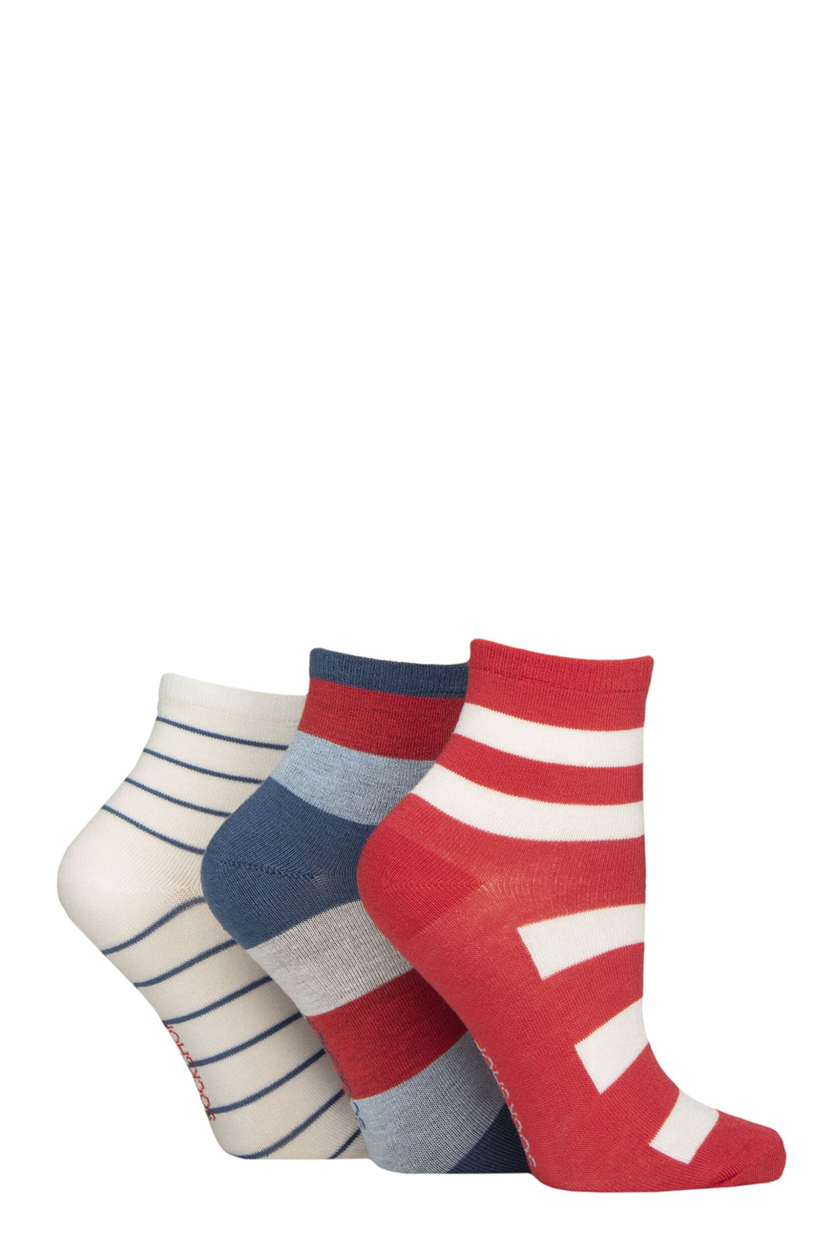 Image of Women's 3 Pair SOCKSHOP Plain and Patterned Bamboo Ankle Socks Striped Nautical 4-8