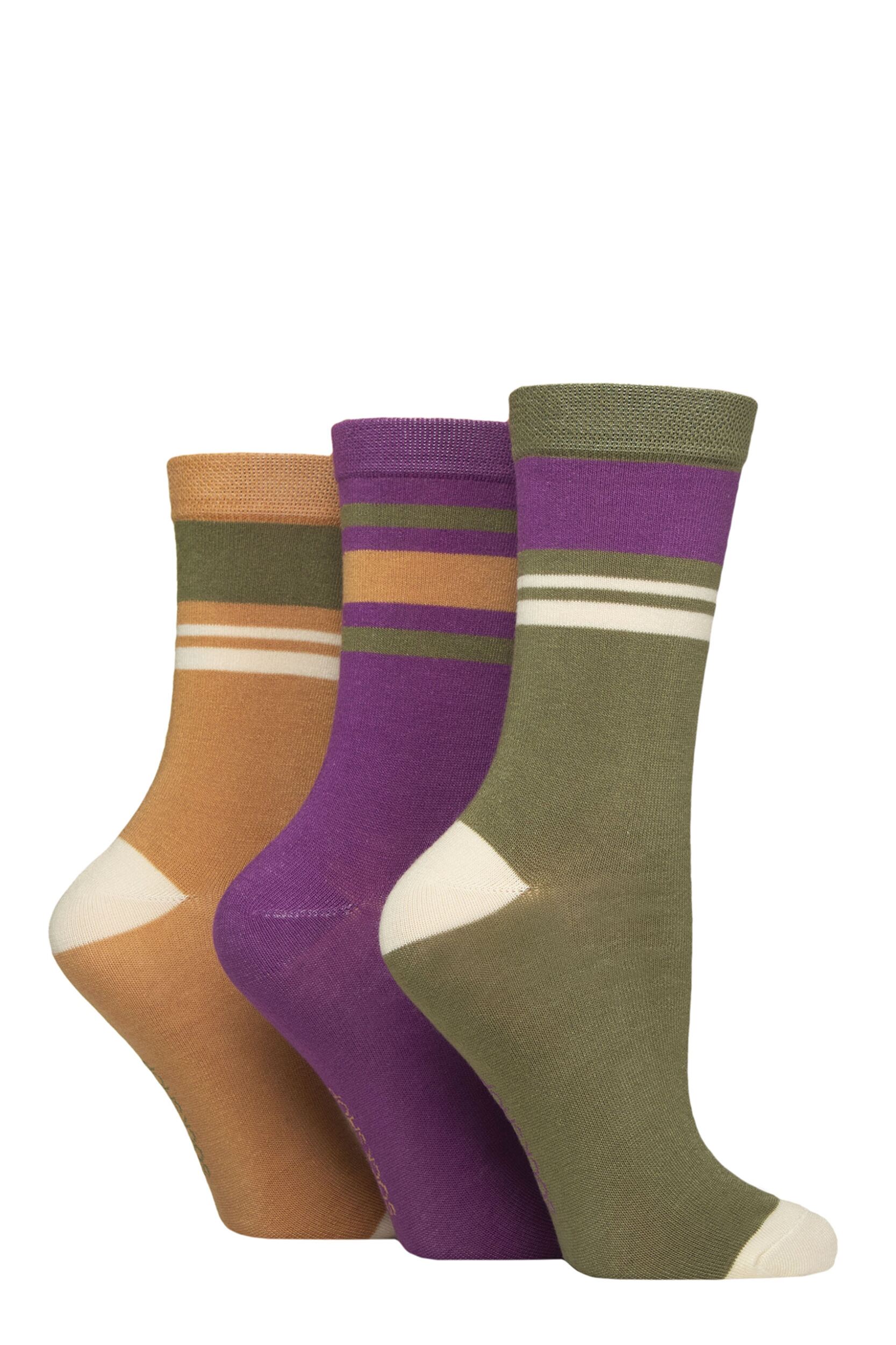Women's 3 Pair SOCKSHOP Patterned Plain and Striped Bamboo Socks Striped Wild Terrain 4-8
