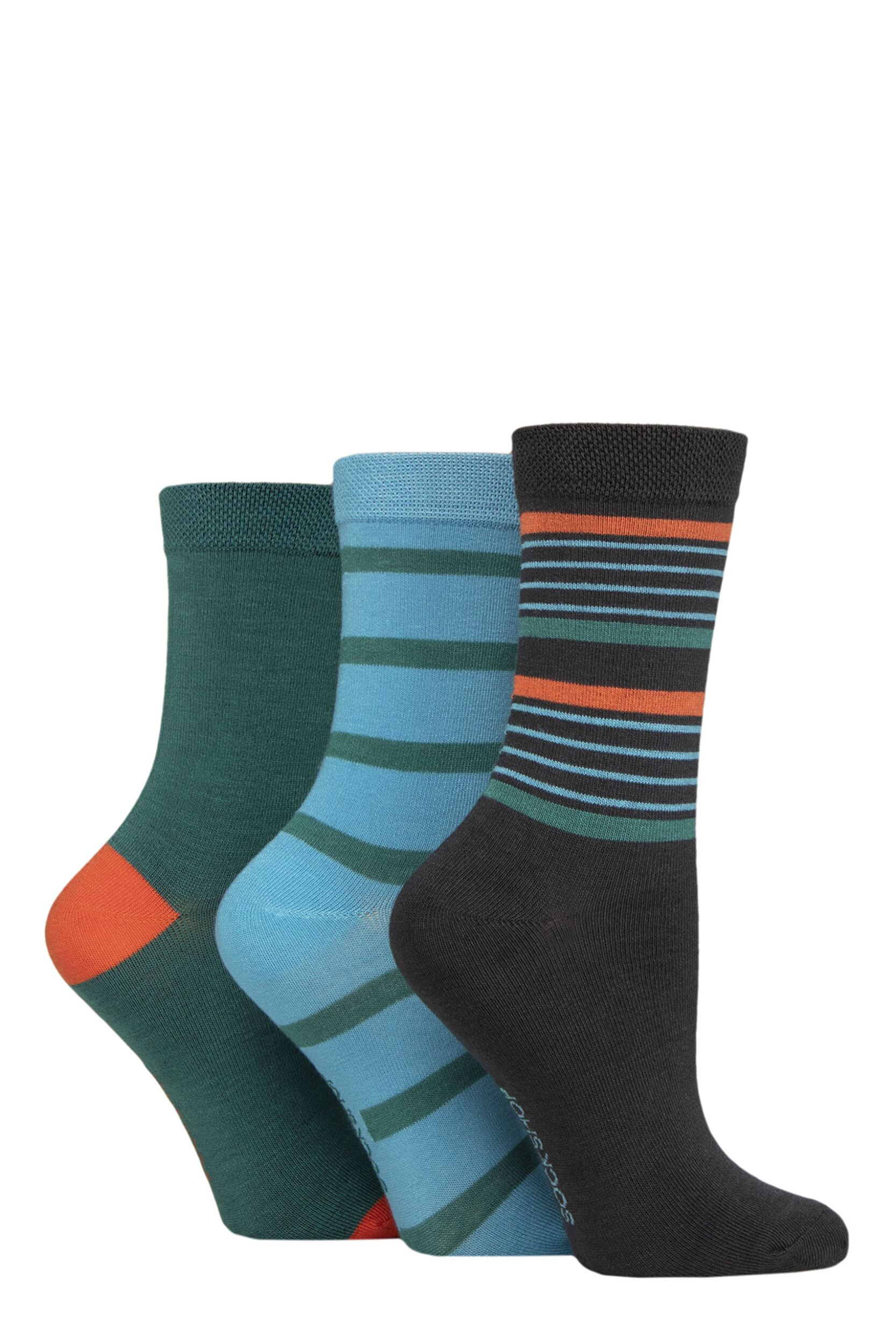 Women's 3 Pair SOCKSHOP Patterned Plain and Striped Bamboo Socks Striped Storm 4-8