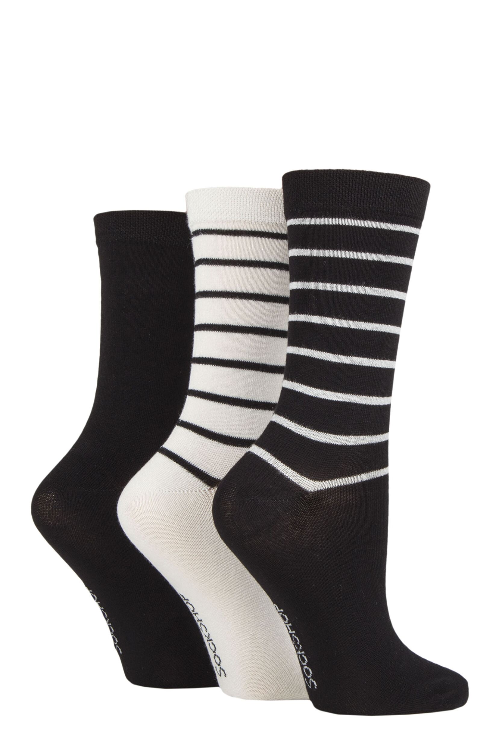 Women's 3 Pair SOCKSHOP Patterned Plain and Striped Bamboo Socks Black Striped 4-8 Ladies