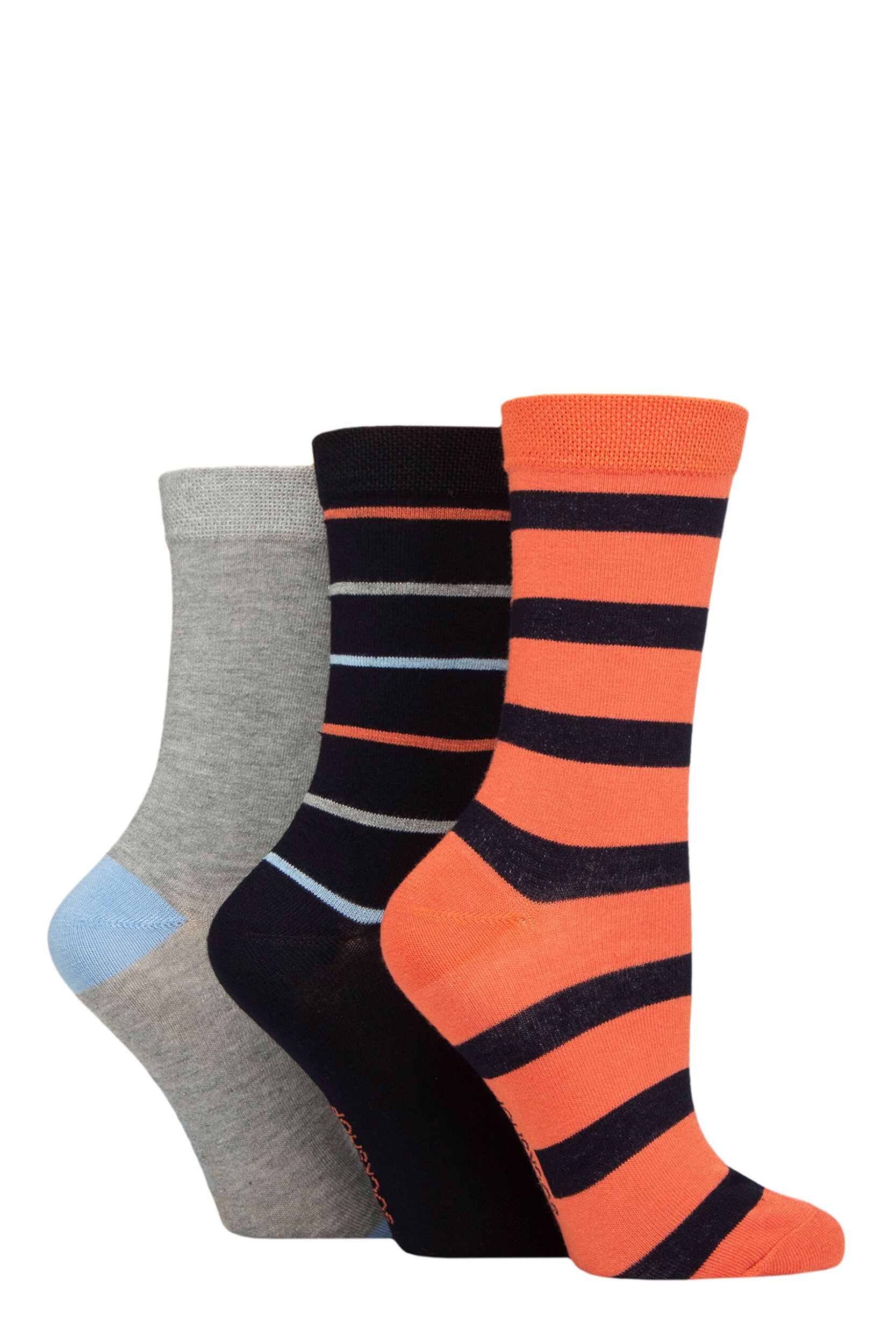 Women's 3 Pair SOCKSHOP Patterned Plain and Striped Bamboo Socks Navy / Rust / Silver Stripe 4-8