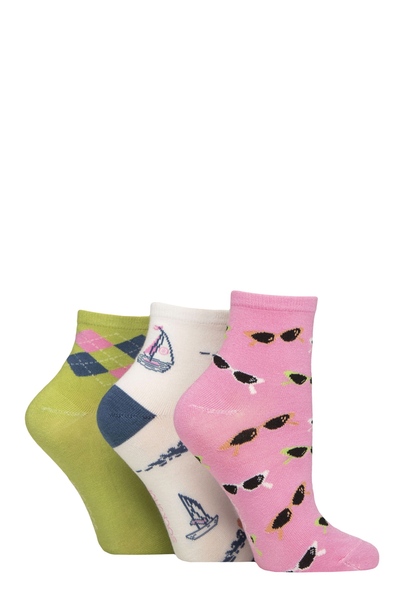 Women's 3 Pair SOCKSHOP Plain and Patterned Bamboo Ankle Socks Patterned Ocean View 4-8