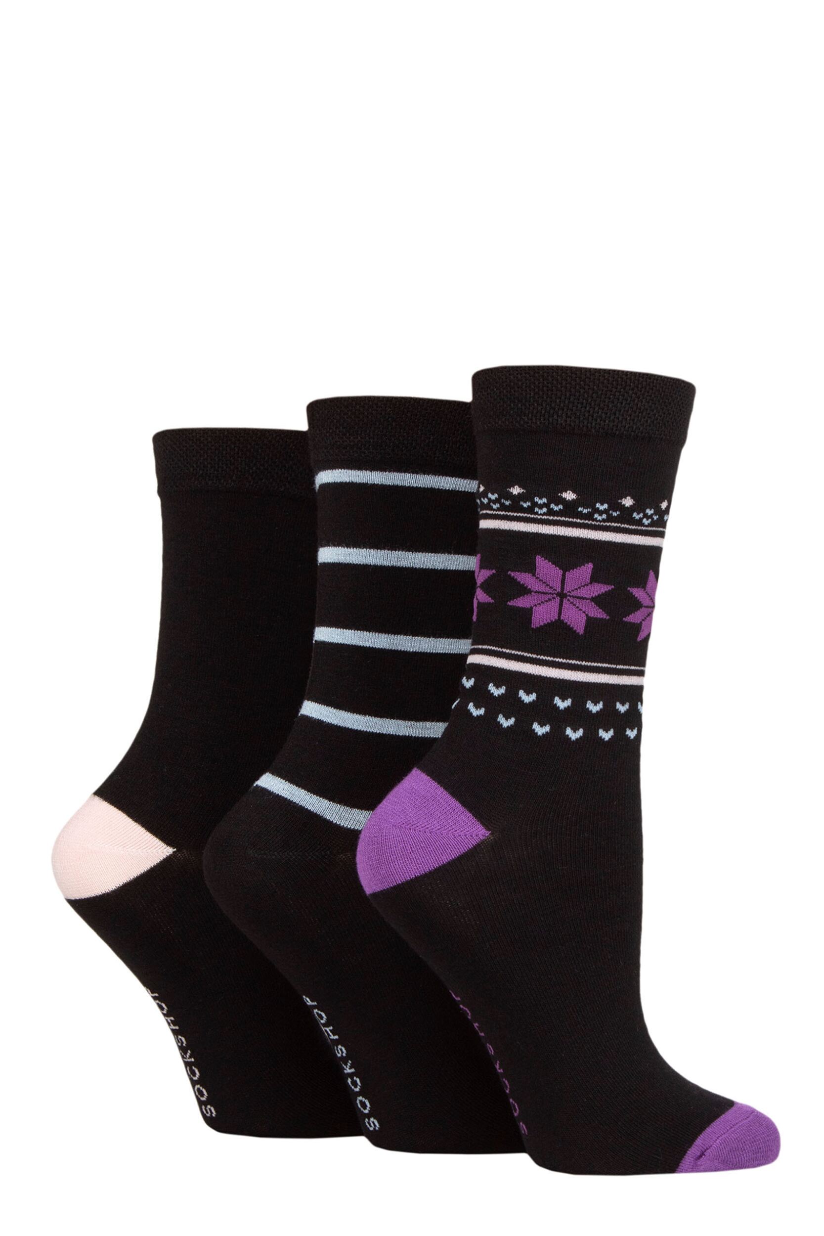 Women's 3 Pair SOCKSHOP Lazy Panda Christmas Bamboo Socks Black Fair Isle 4-8 Ladies