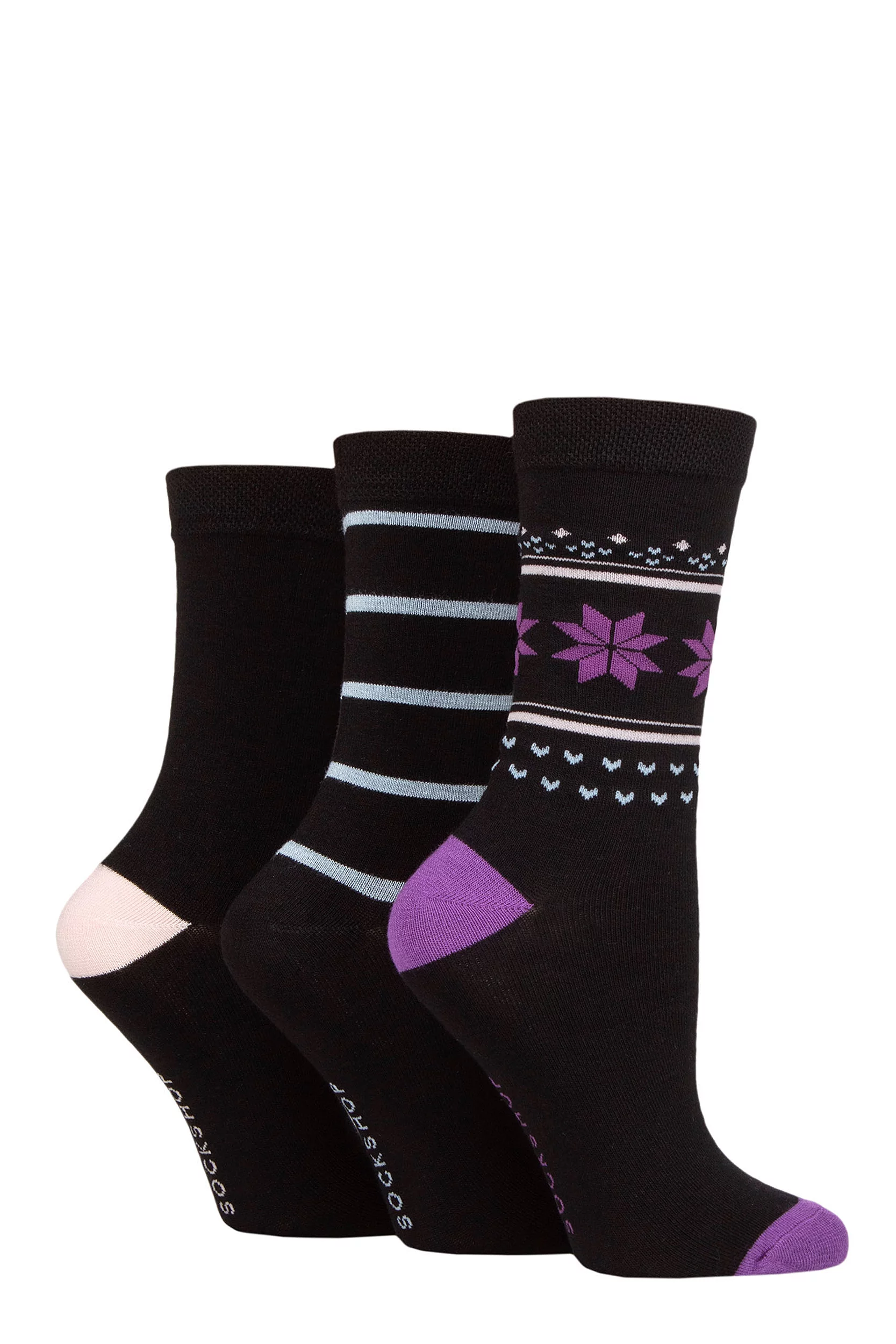 Women's 3 Pair SOCKSHOP Lazy Panda Christmas Bamboo Socks Black Fair Isle 4-8 Ladies