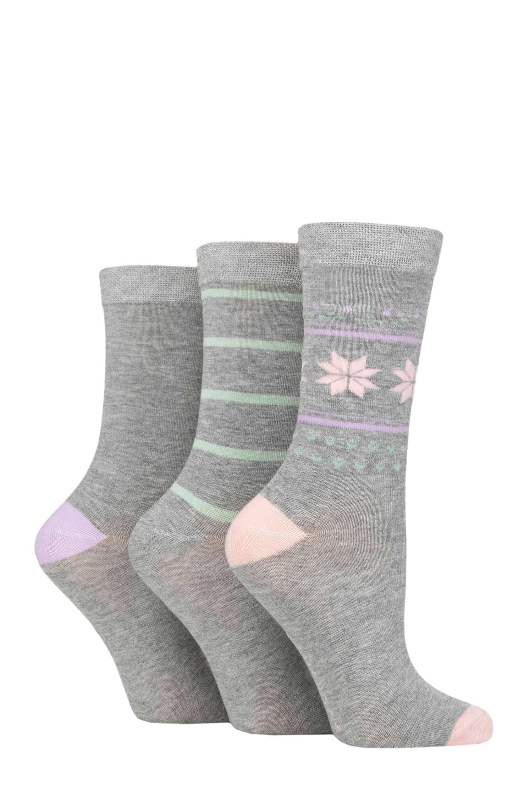 Women's 3 Pair SOCKSHOP Lazy Panda Christmas Bamboo Socks Grey Fair Isle 4-8 Ladies