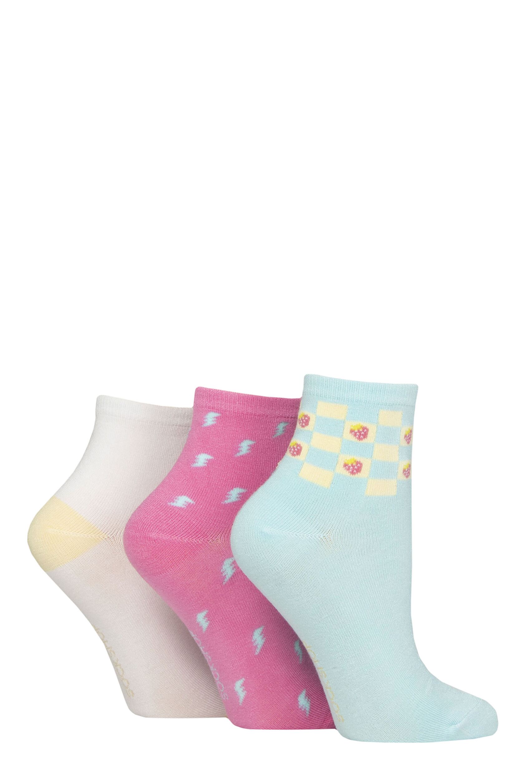 Women's 3 Pair SOCKSHOP Plain and Patterned Bamboo Ankle Socks Aqua 4-8