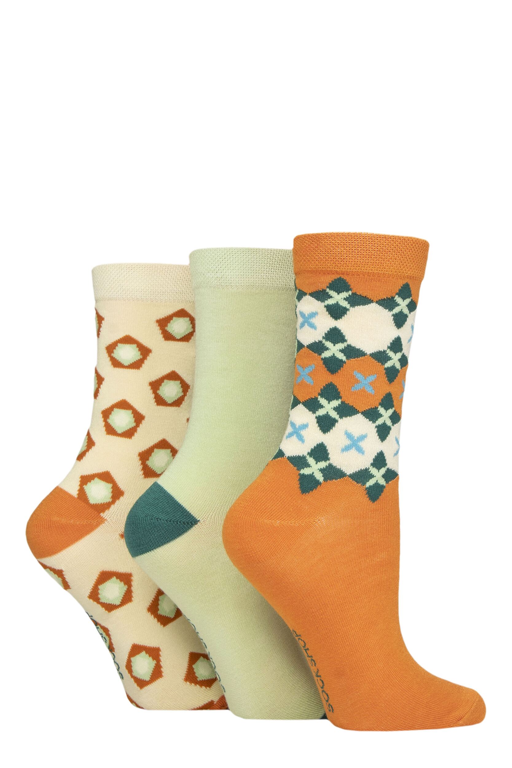 Women's 3 Pair SOCKSHOP Patterned Plain and Striped Bamboo Socks Patterned Marmalade Geo 4-8