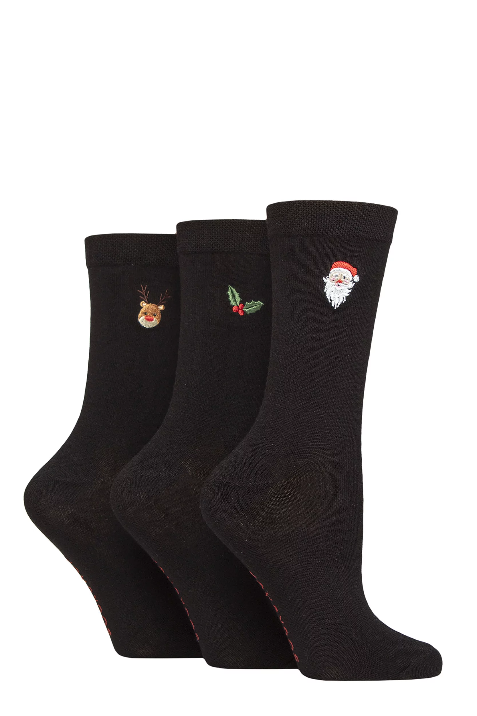 Women's 3 Pair SOCKSHOP Patterned Plain and Striped Bamboo Socks Embroidered Christmas 4