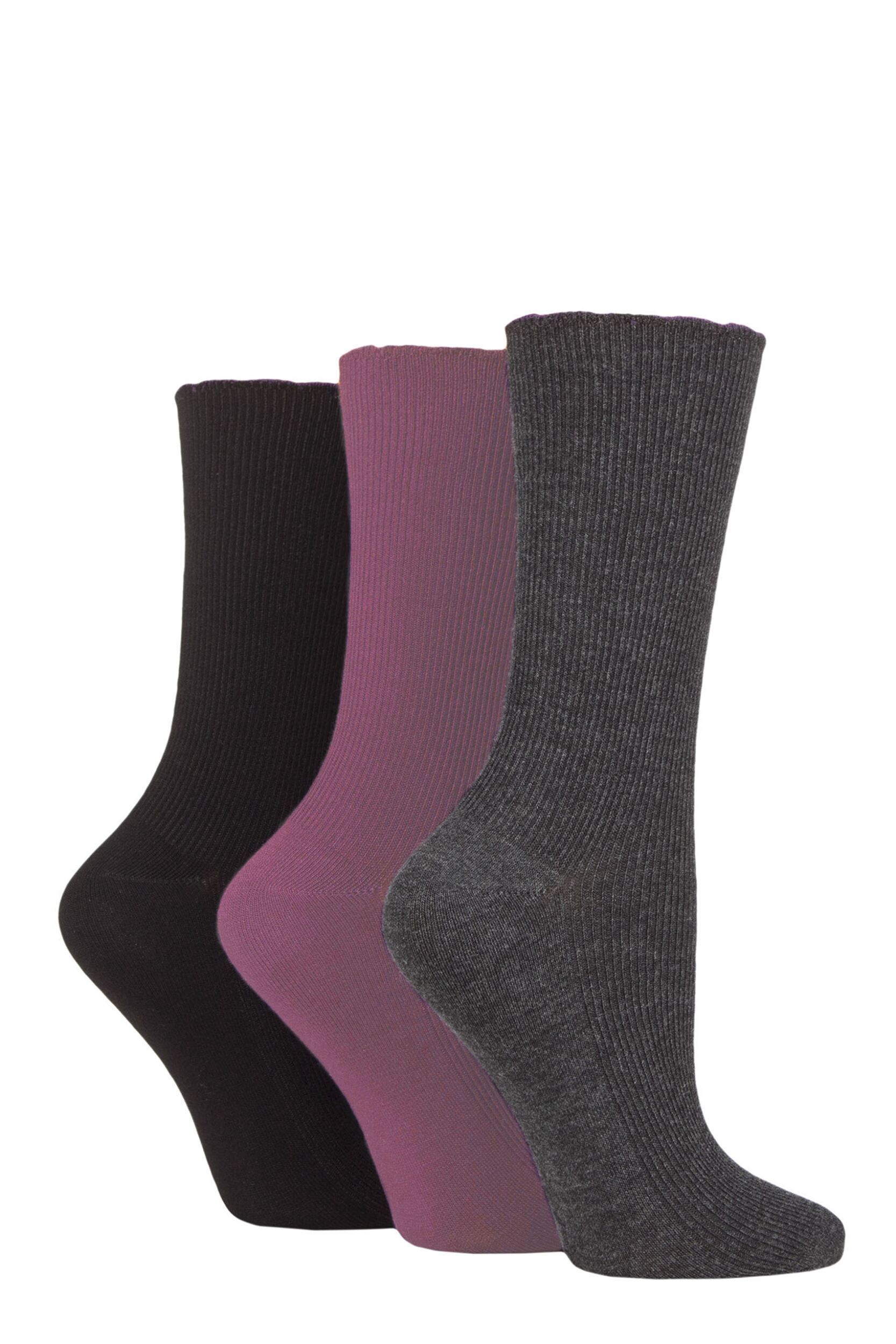 Women's 3 Pair SOCKSHOP Patterned Plain and Striped Bamboo Socks Black / Charcoal / Damson Ribbed 4-8 Ladies