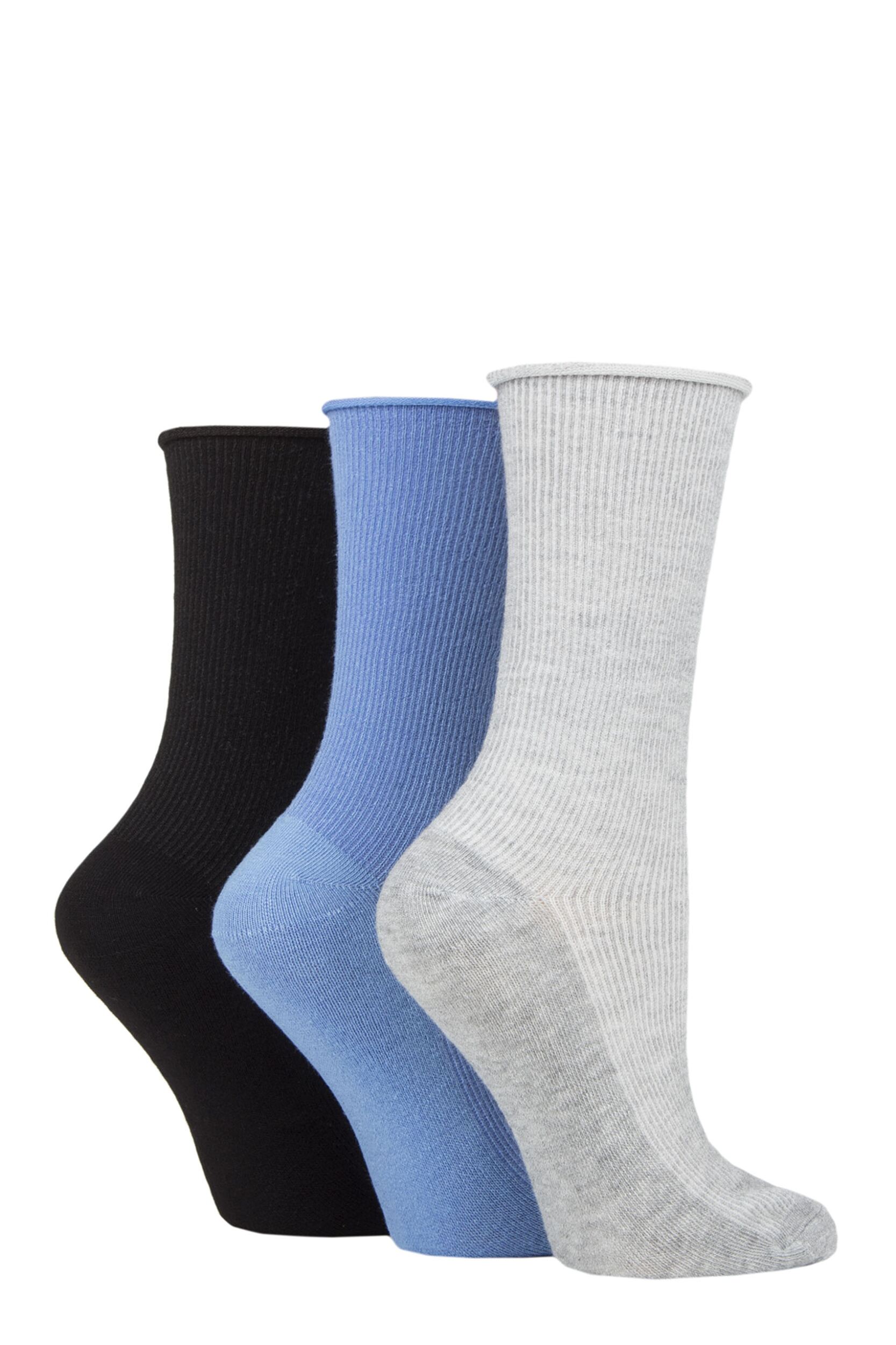 Women's 3 Pair SOCKSHOP Patterned Plain and Striped Bamboo Socks Black / Denim / Silver Grey Ribbed 4-8 Ladies