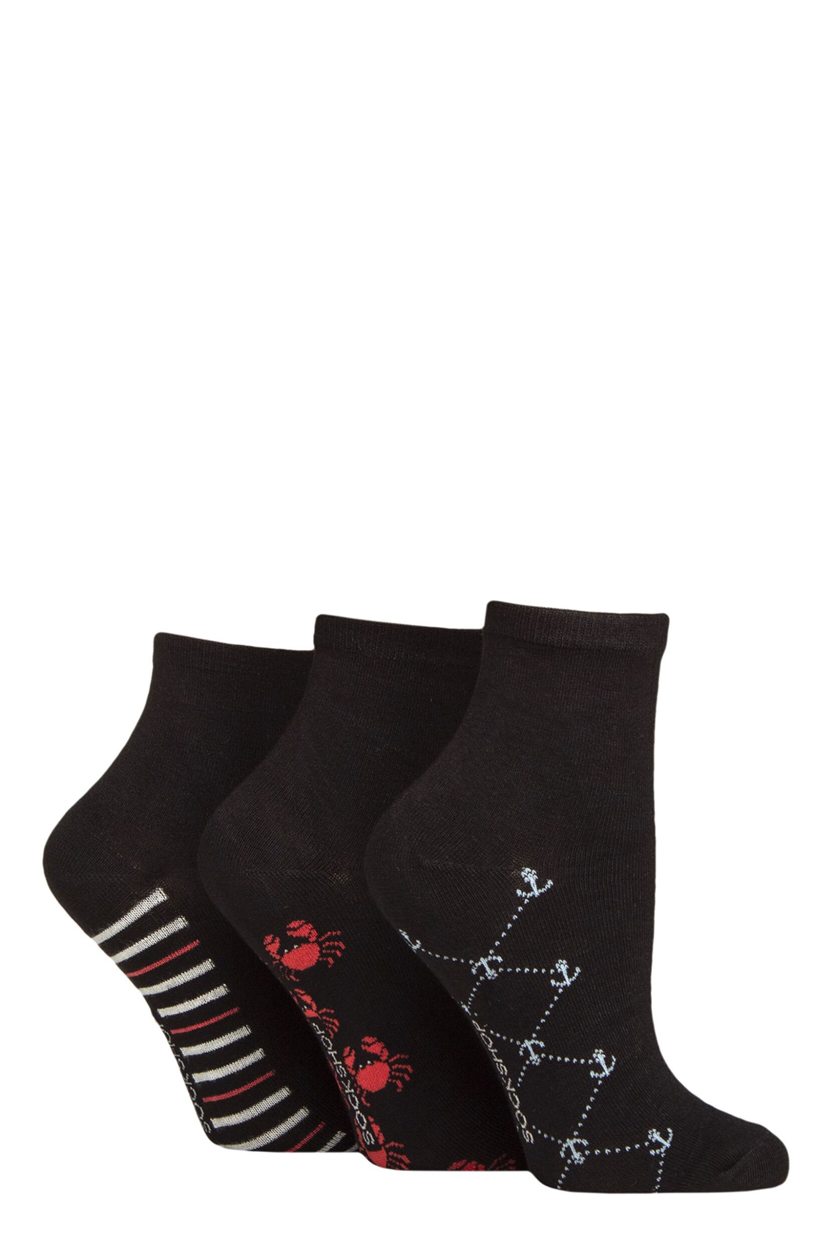 Image of Women's 3 Pair SOCKSHOP Plain and Patterned Bamboo Ankle Socks Patterned Sole Black / Nautical 4-8
