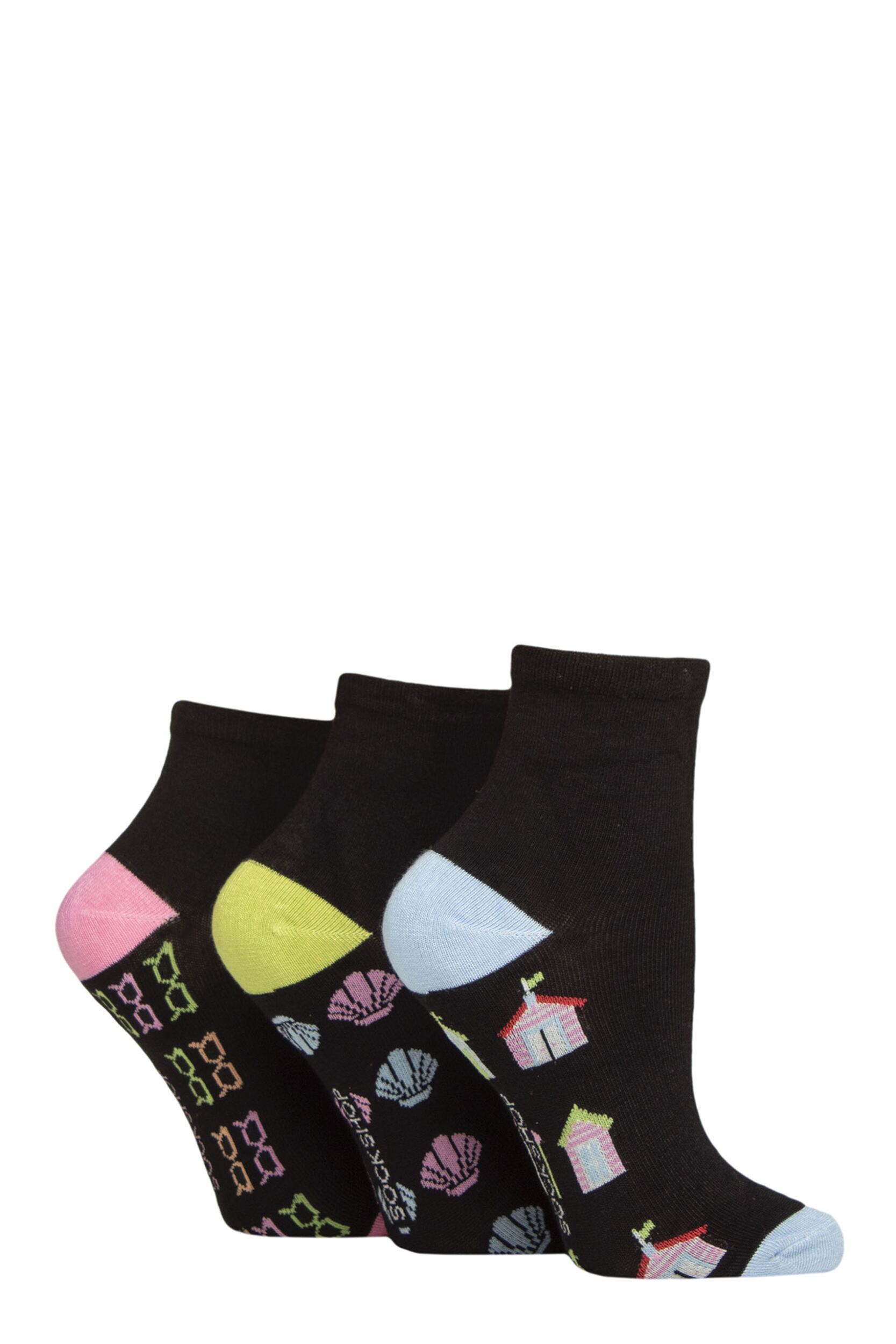 Women's 3 Pair SOCKSHOP Plain and Patterned Bamboo Ankle Socks Patterned Sole Black / Ocean View 4-8
