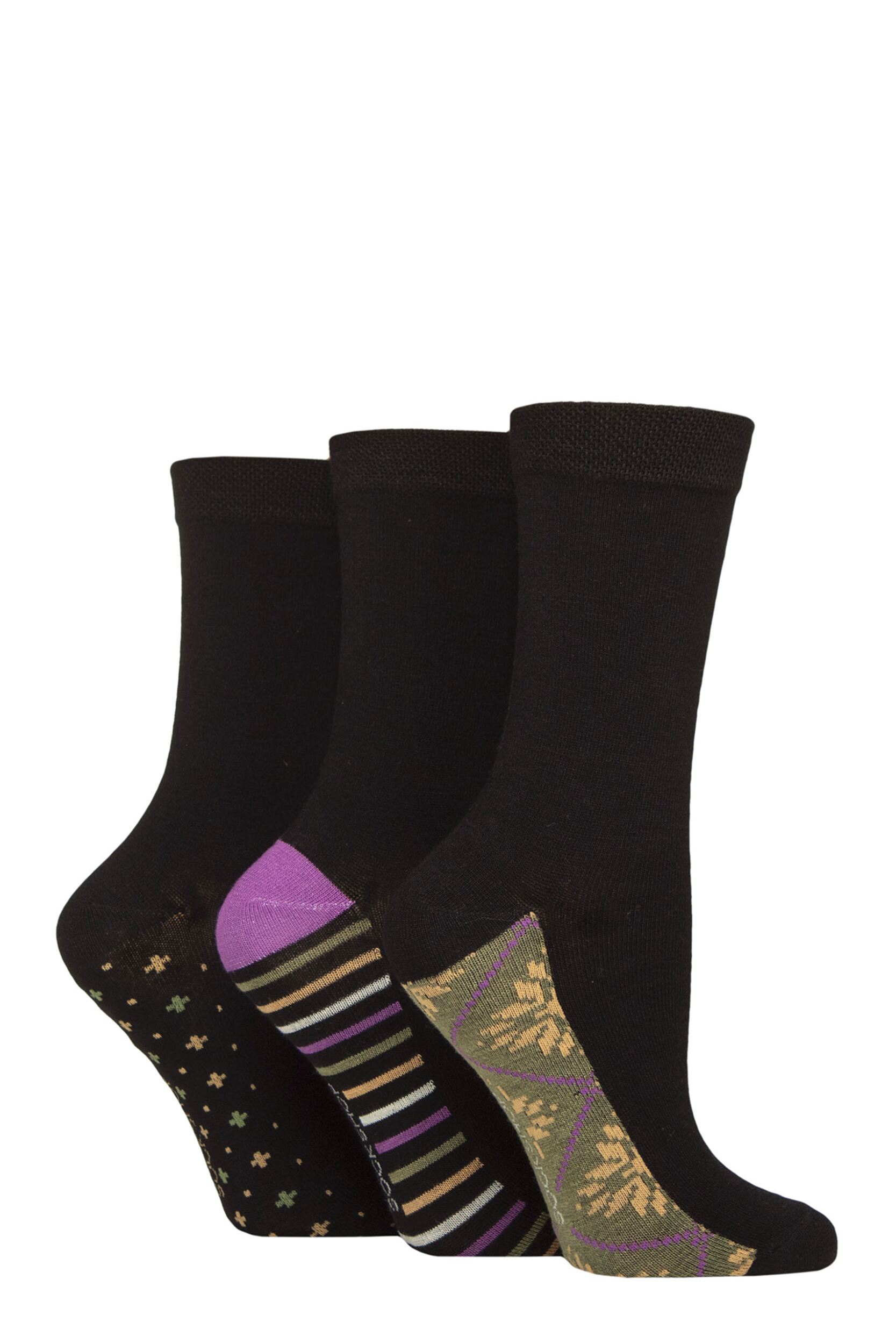 Women's 3 Pair SOCKSHOP Patterned Plain and Striped Bamboo Socks Patterned Sole Wild Terrain 4-8