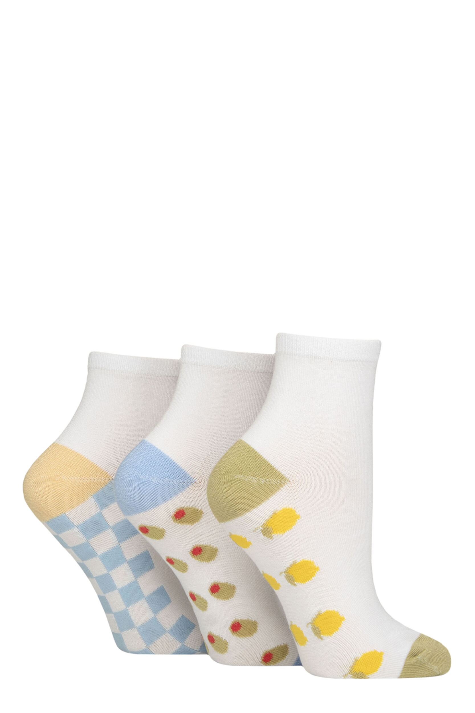 Image of Women's 3 Pair SOCKSHOP Plain and Patterned Bamboo Ankle Socks Patterned Sole White / Sicilian Lemon 4-8