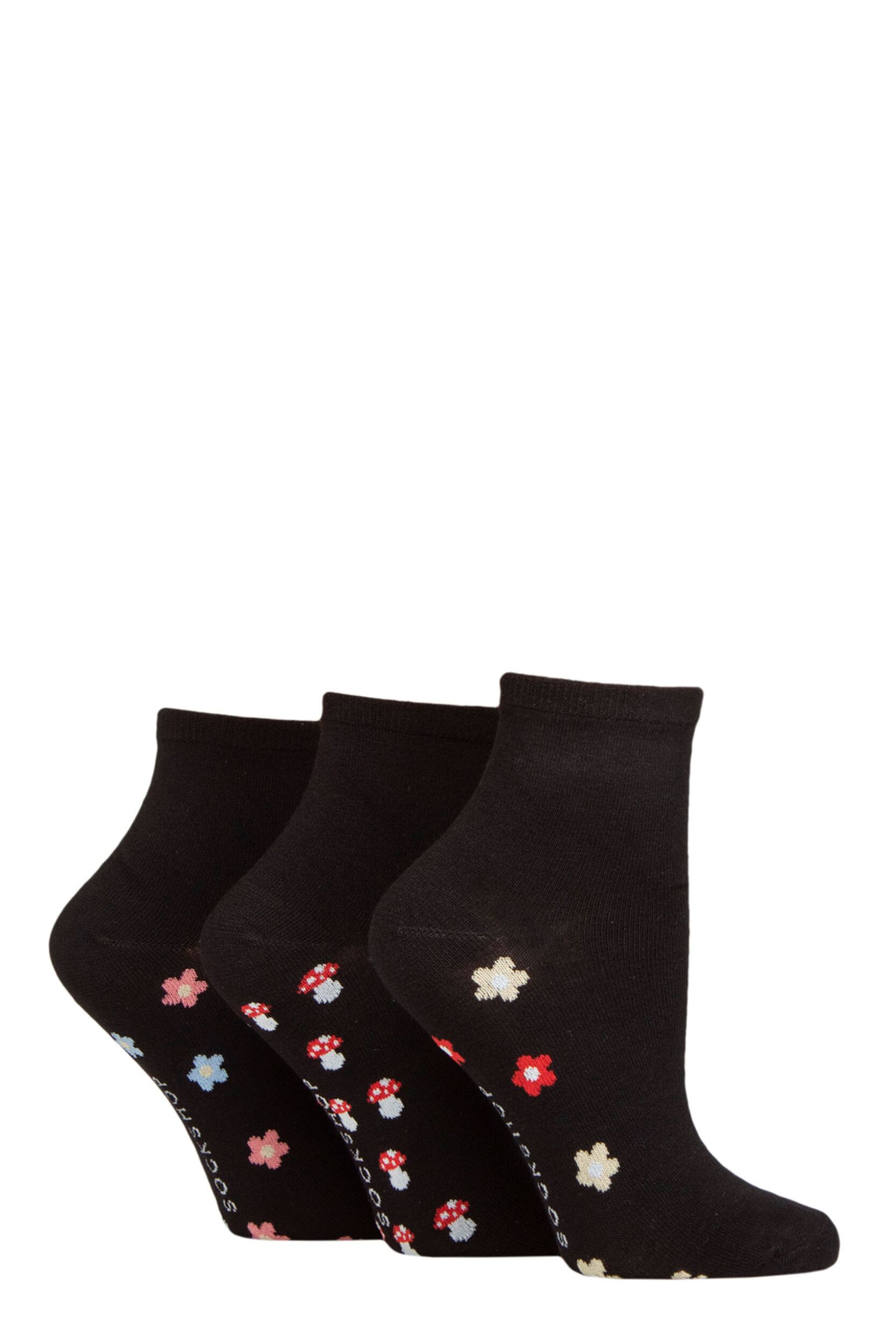 Image of Women's 3 Pair SOCKSHOP Plain and Patterned Bamboo Ankle Socks Patterned Sole Retro Floral 4-8 Ladies
