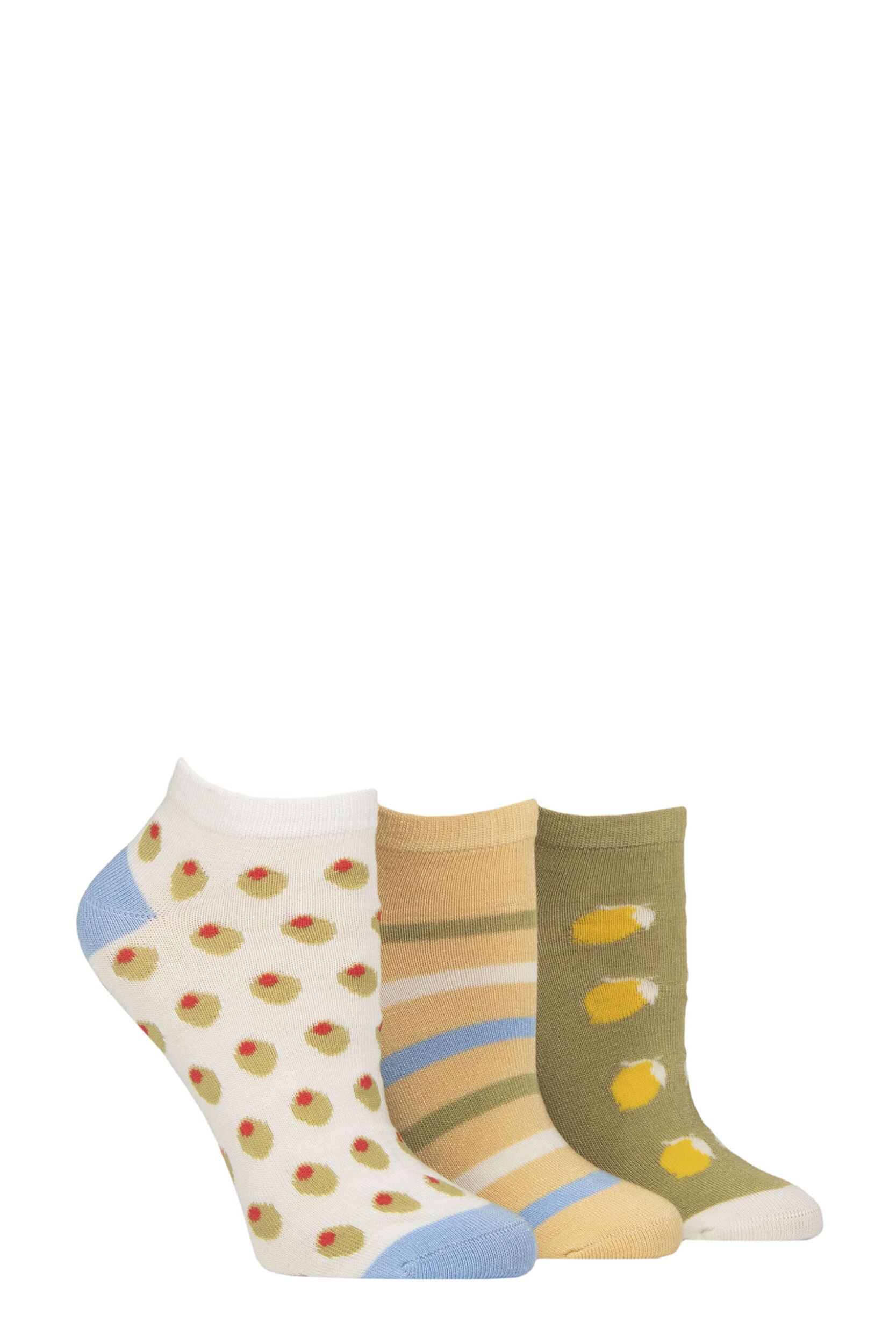 Women's 3 Pair SOCKSHOP Bamboo Trainer Socks with Smooth Toe Seams Sicilian Lemon Patterned 4-8